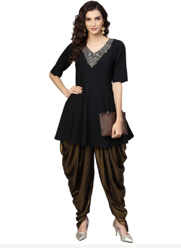 Women's Black Crepe A Line Kurta Sets With Dhoti