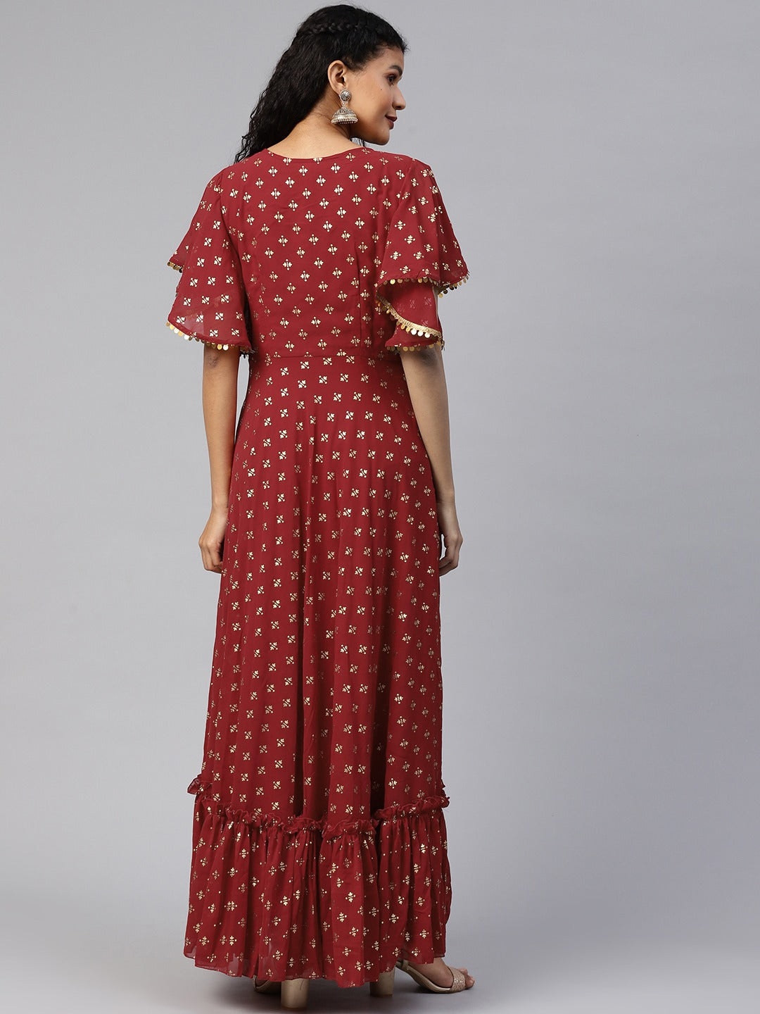 Women's Maroon Georgette Gold Printed Kurta