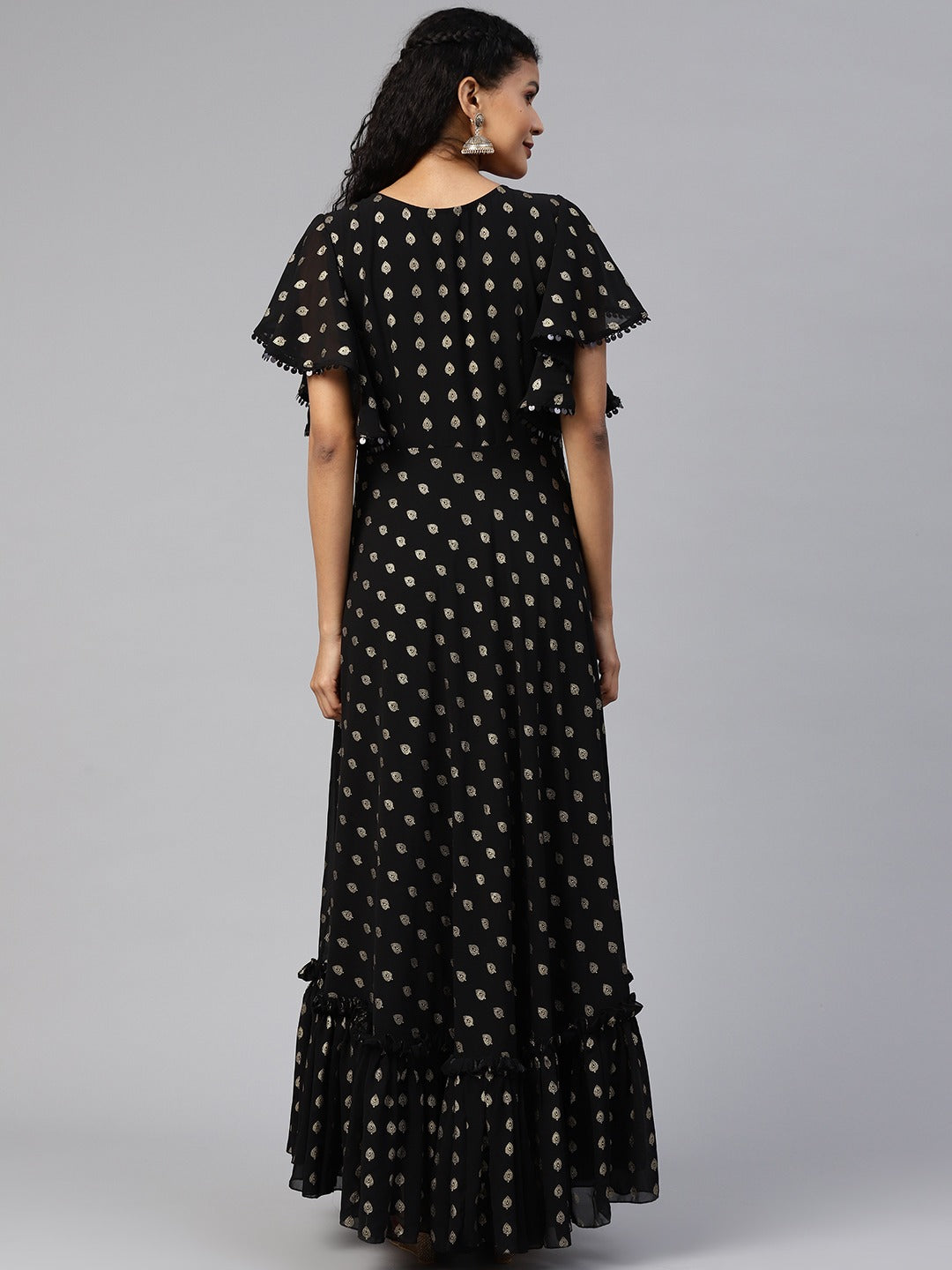 Women's Black Georgette Gold Printed Kurta