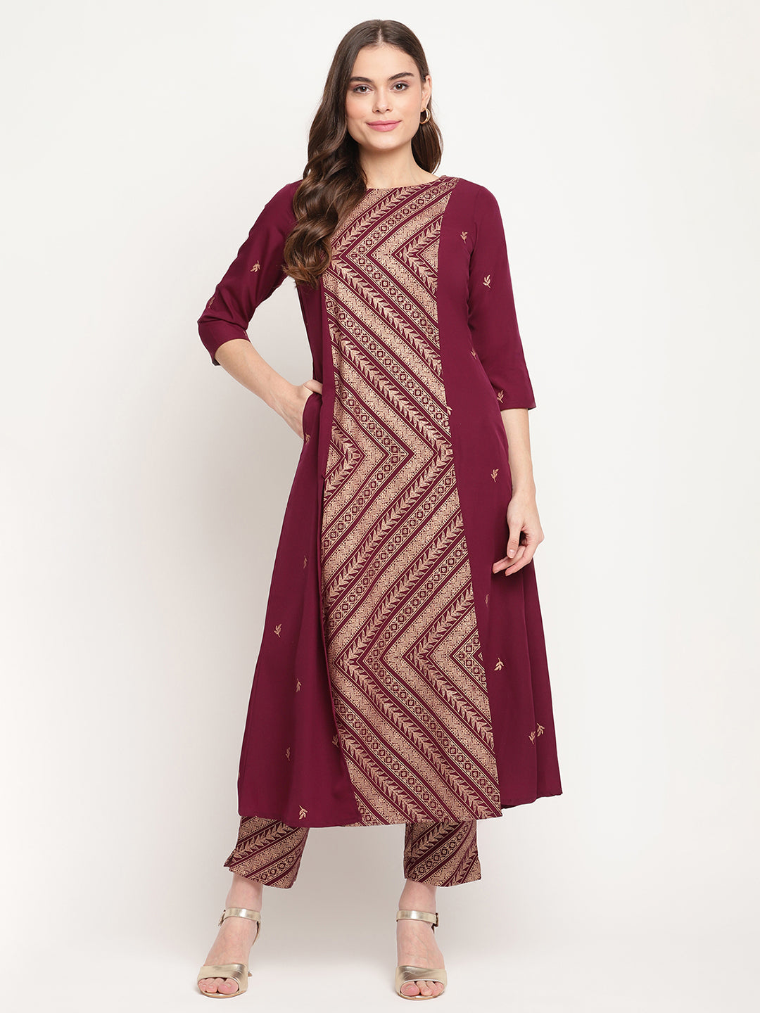 Women's Wine Crepe Gold Glitter Print Kurta Trouser Se