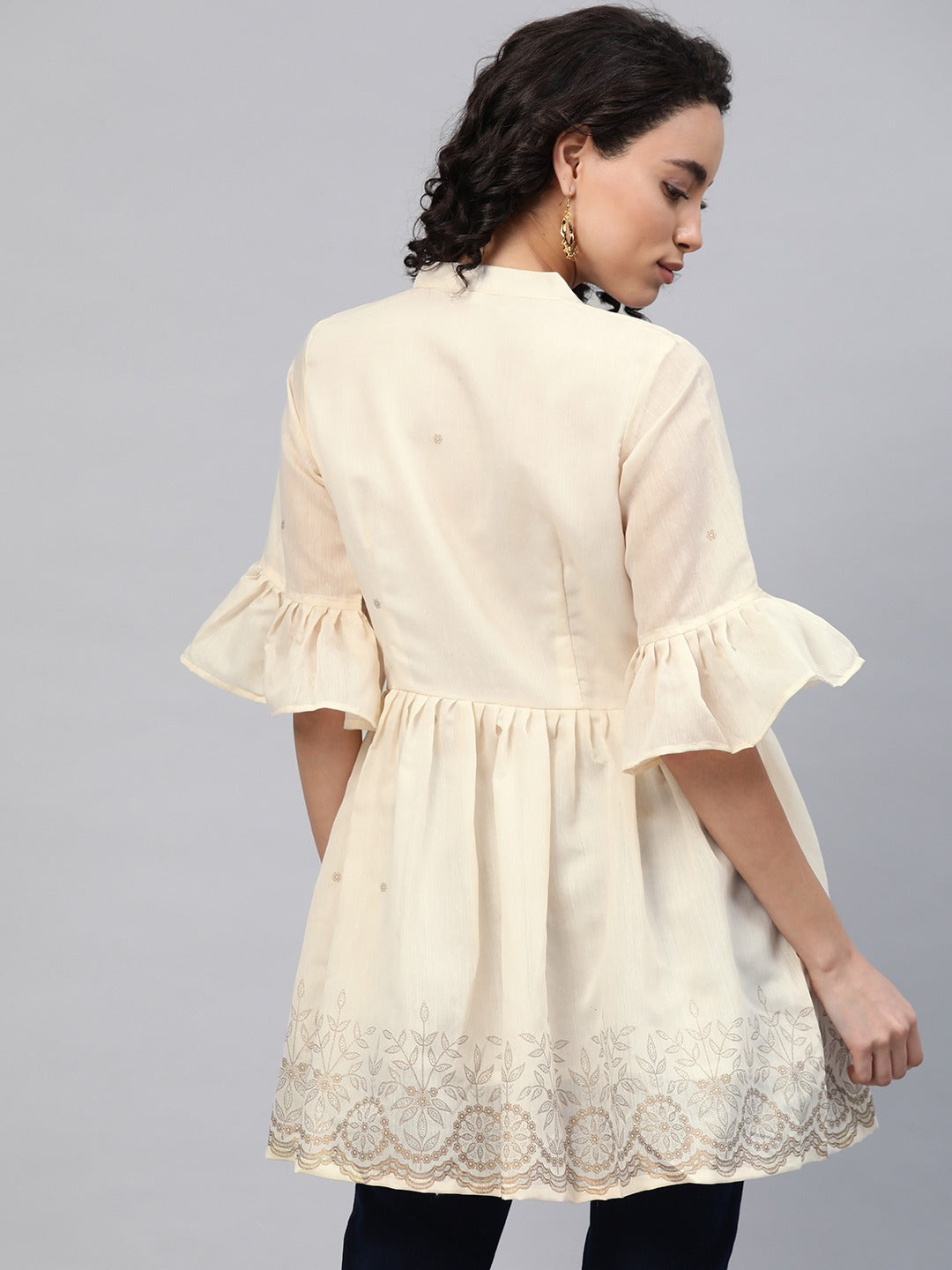 Women's Cream-Coloured Chanderi Ethnic Print Tuni