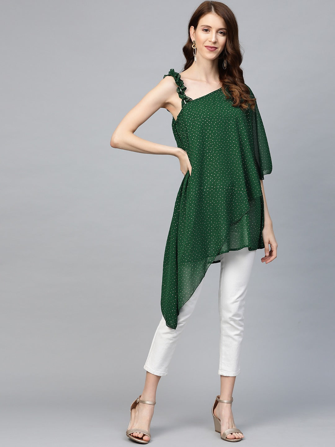 Women's Green & Golden Printed One Sleeve Asymmetric Layered Tuni