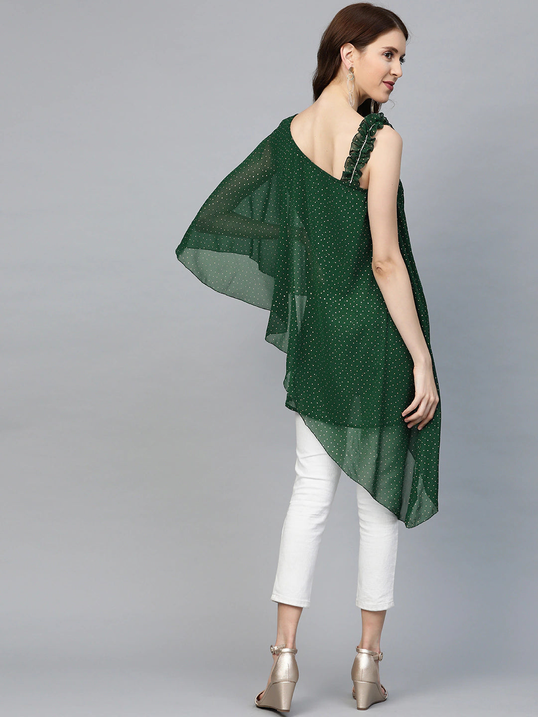 Women's Green & Golden Printed One Sleeve Asymmetric Layered Tuni