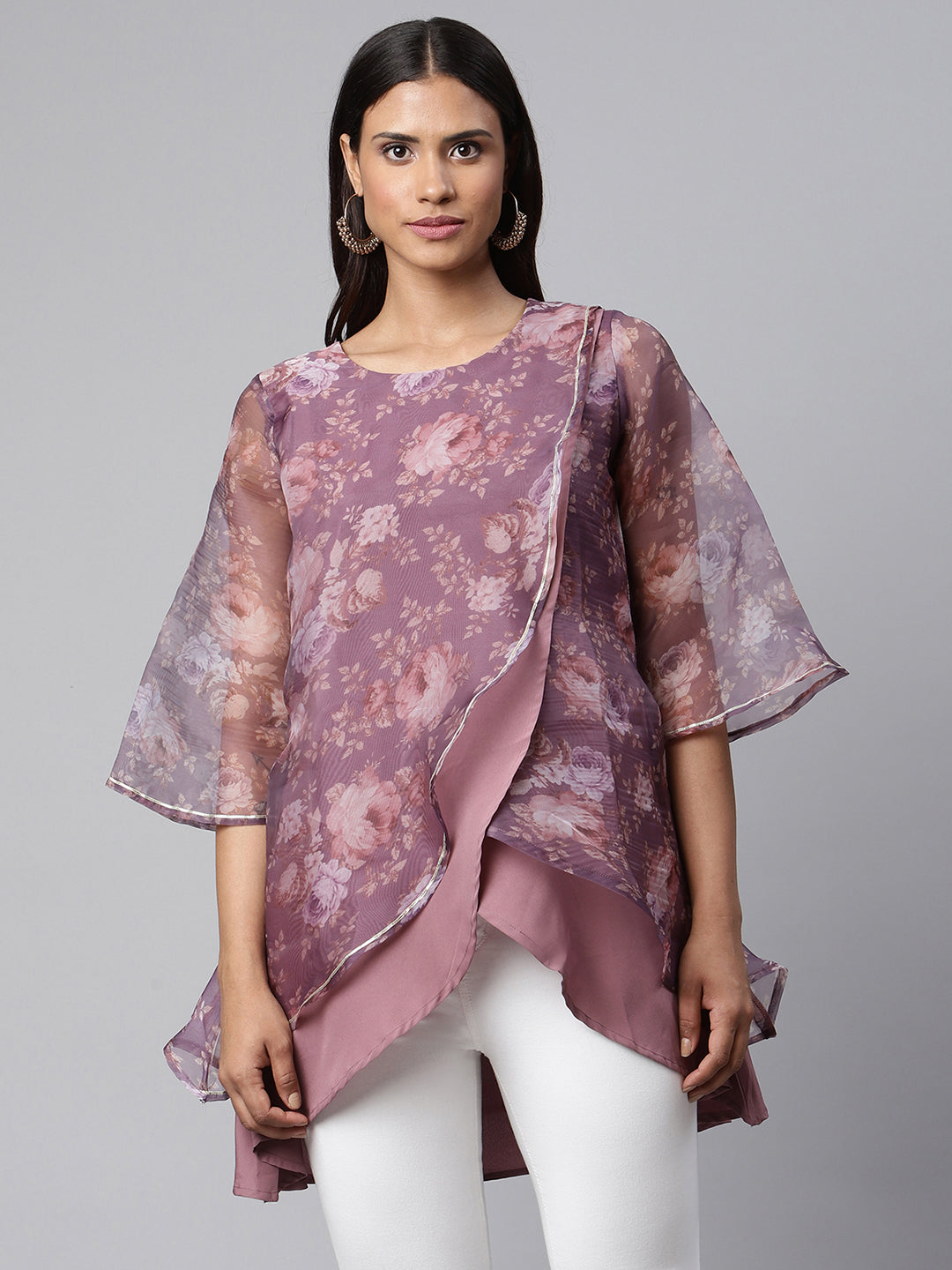 Women's Mauve Organza Digital Printed Tunic