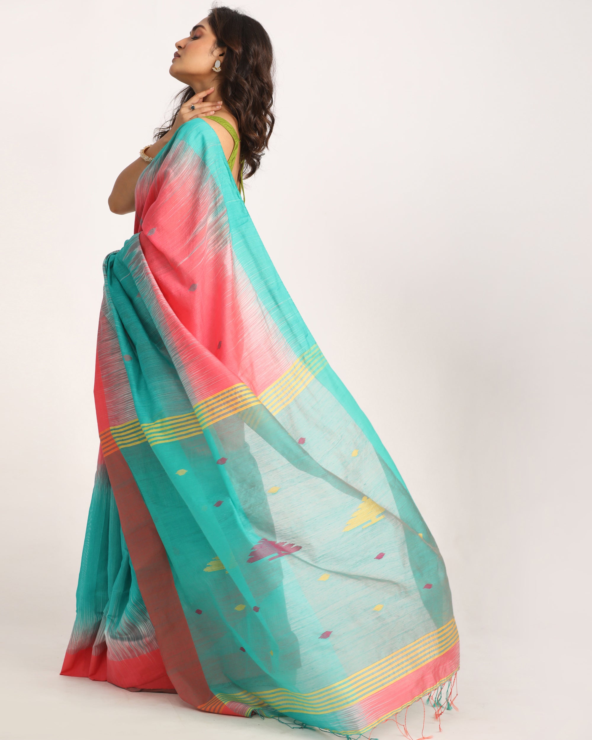 Women's Brink Pink Cotton Blend Handloom Tie Dye Jamdani Saree