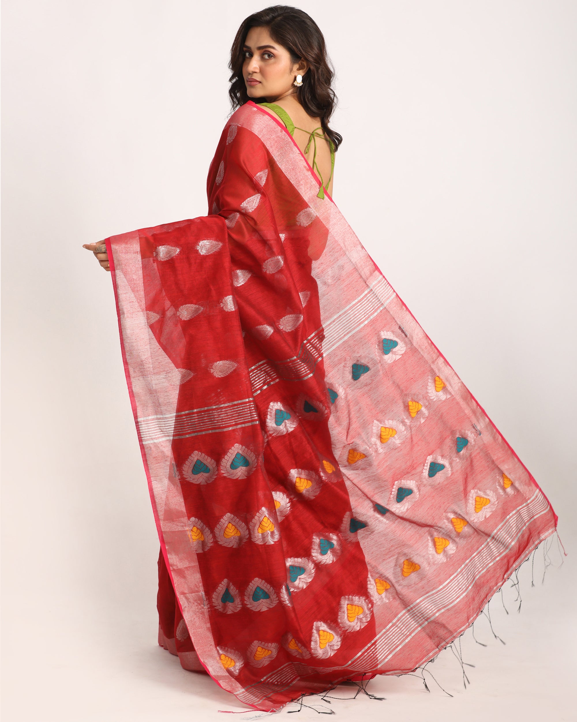 Women's Red Cotton Blend Handloom Jamdani Saree
