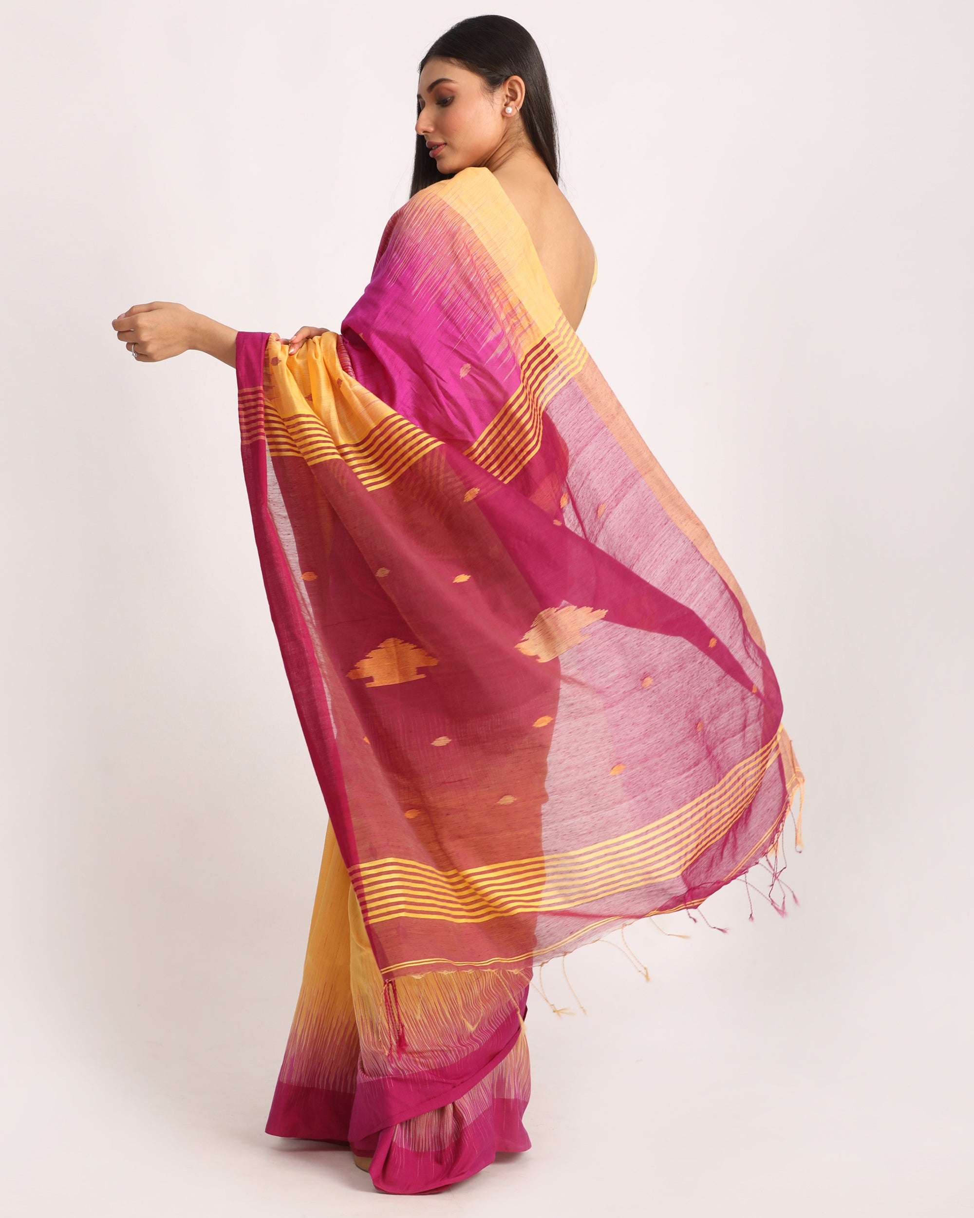 Women's Fuchsia Light Mustard Cotton Blend Handloom Tie Dye Jamdani Saree