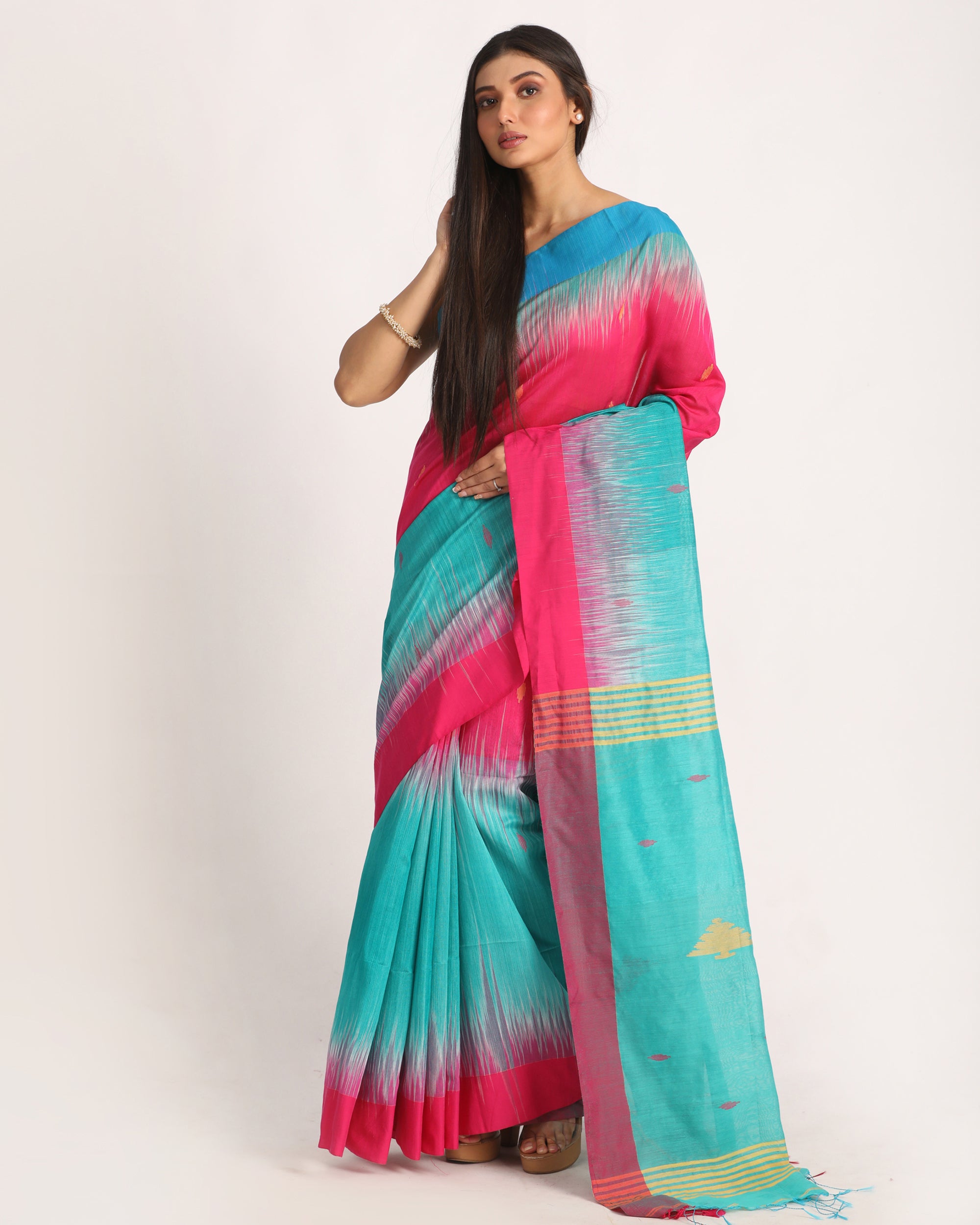Women's Fuchsia Turquoise Cotton Blend Handloom Tie Dye Jamdani Saree