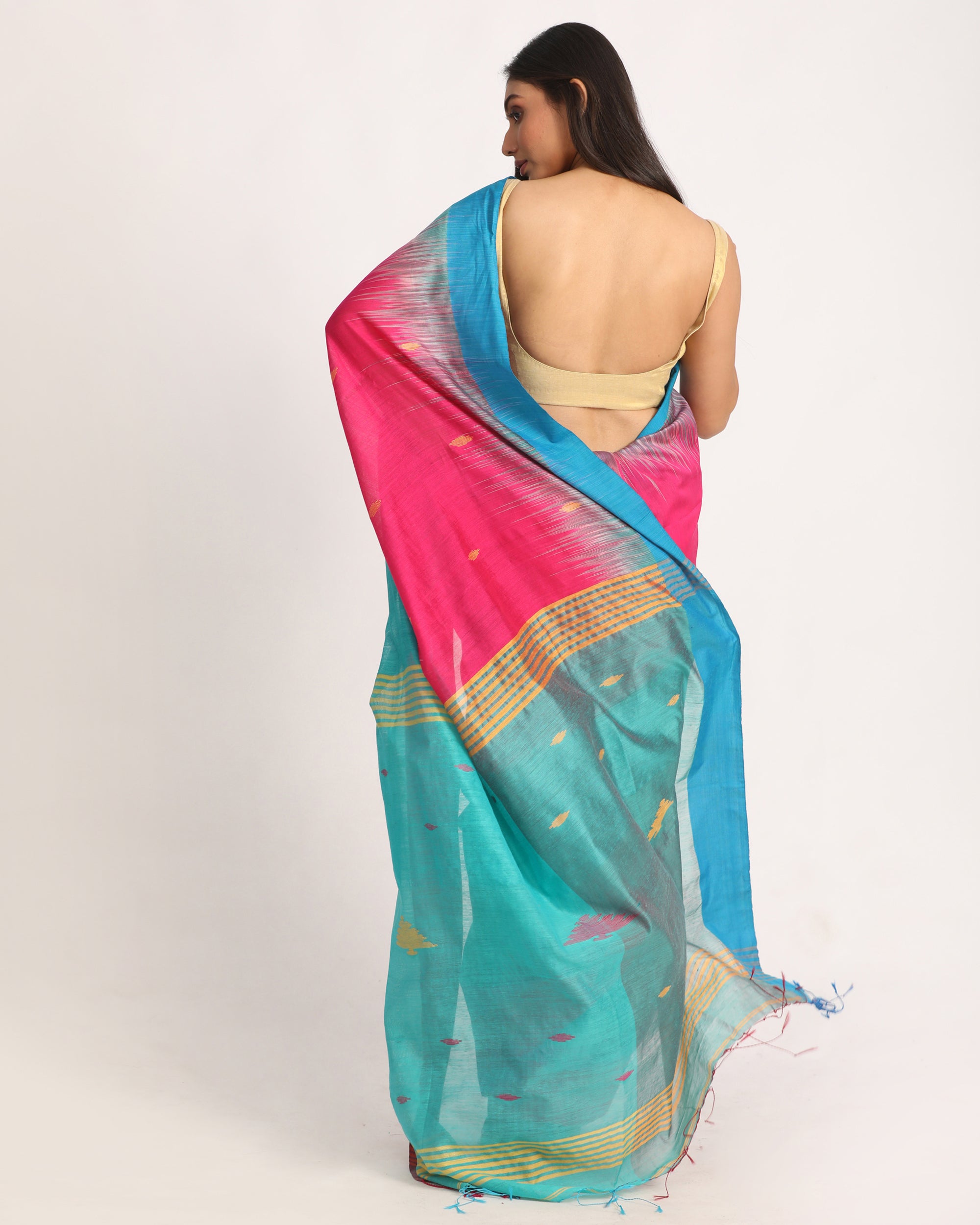 Women's Fuchsia Turquoise Cotton Blend Handloom Tie Dye Jamdani Saree