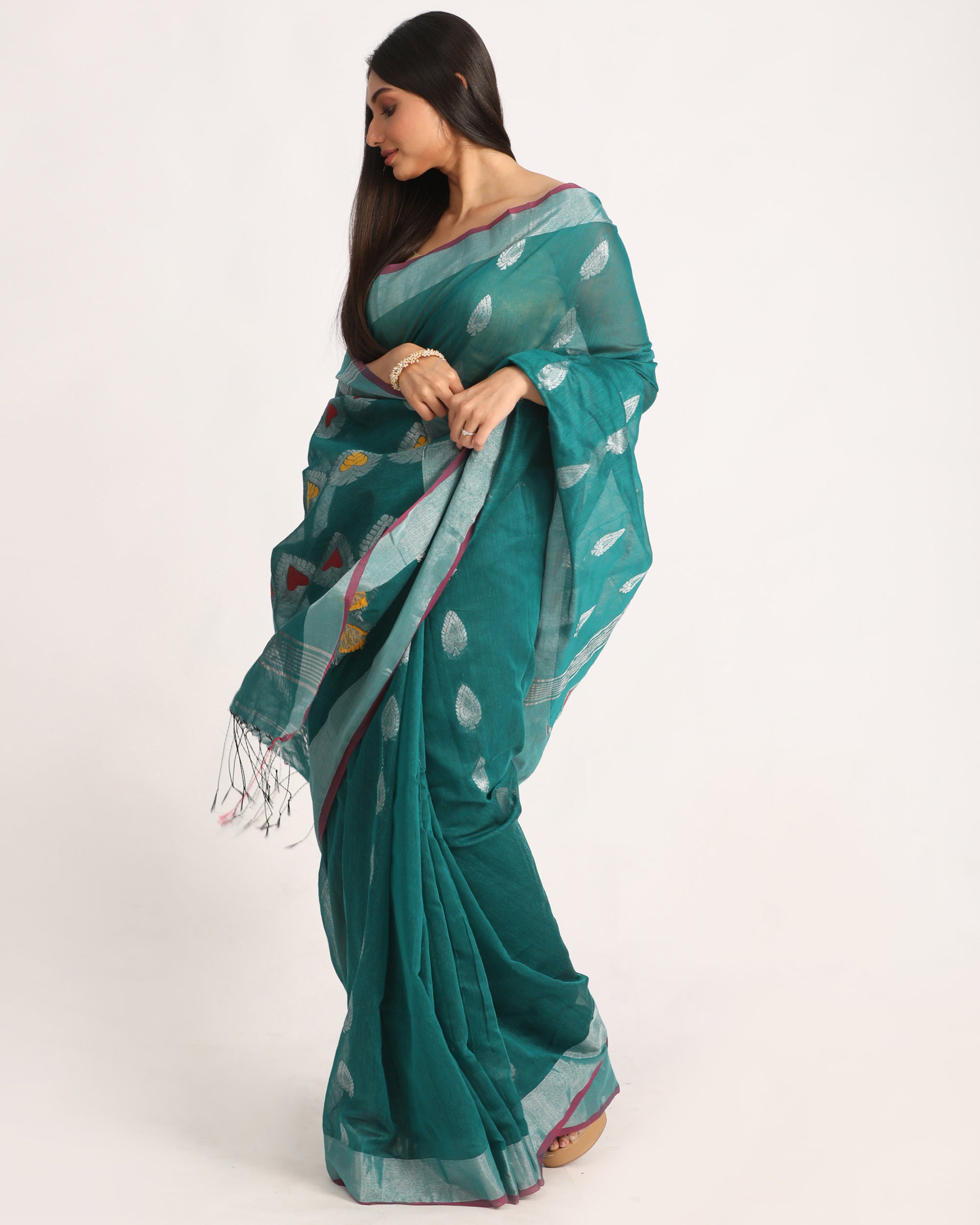 Women's Teal Cotton Blend Handloom Jamdani Saree