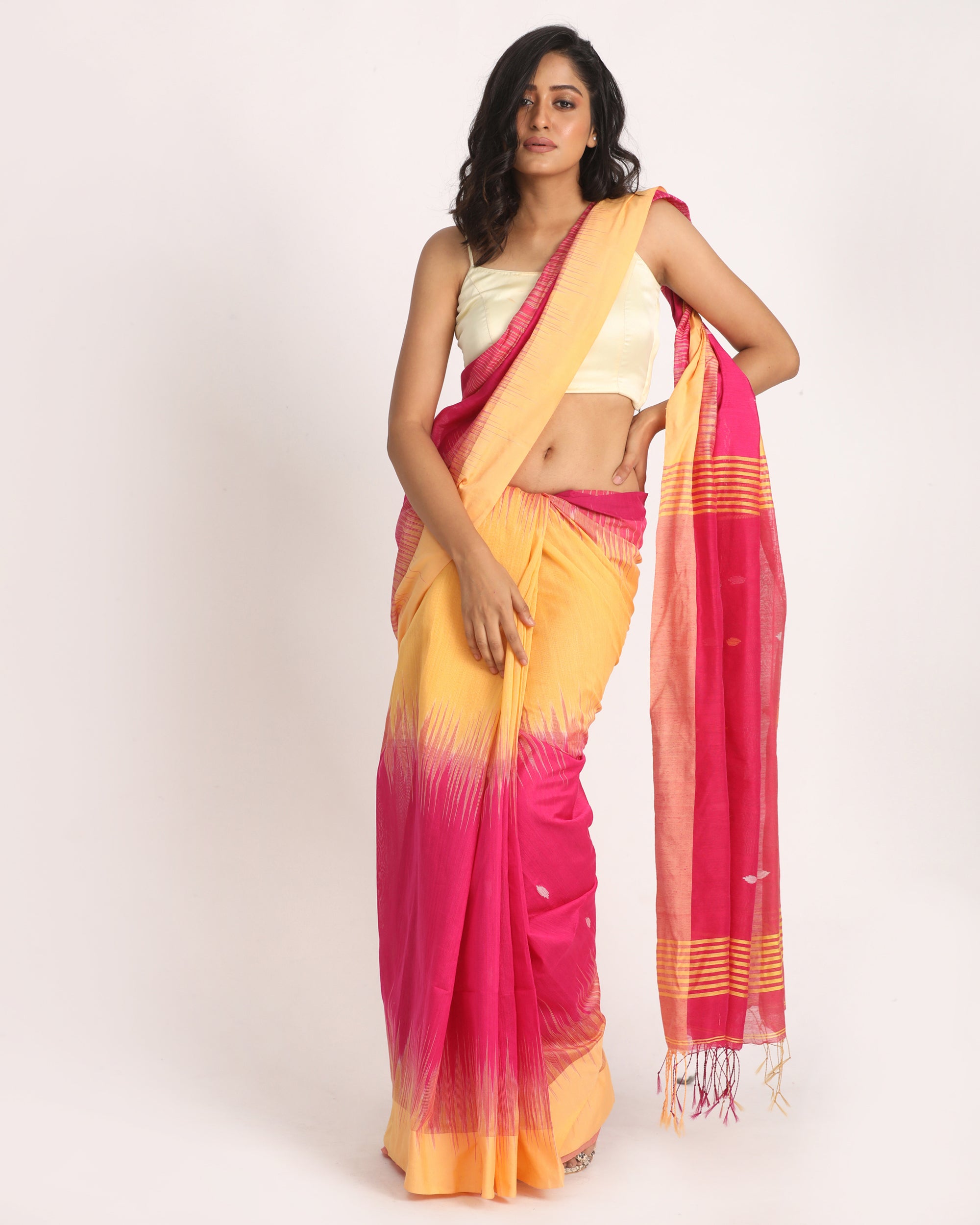 Women's Deep Pink Mellon Yellow Cotton Blend Handloom Tie Dye Jamdani Saree