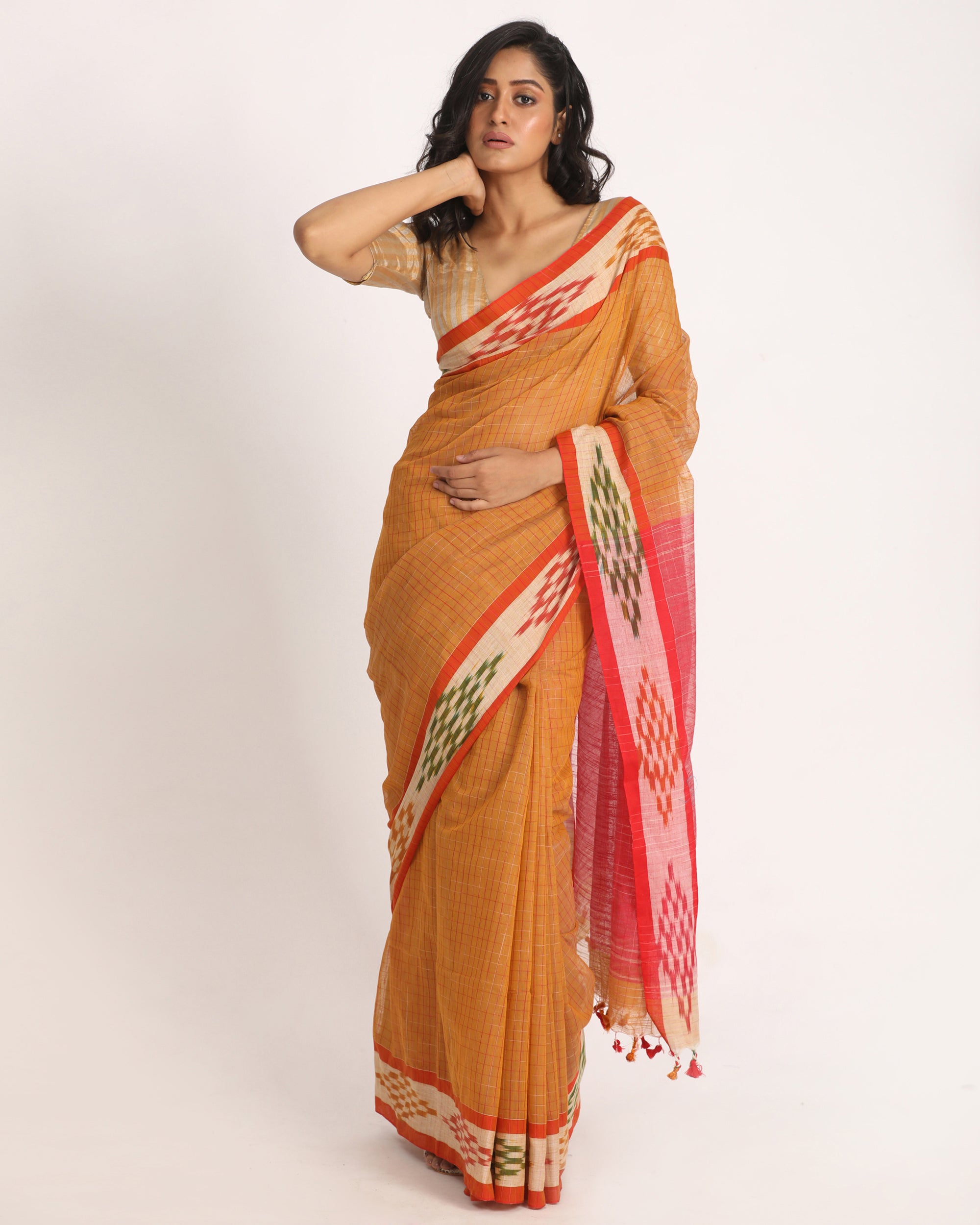 Women's Kotki Border Yellow Orange Cotton Blend Handloom Saree