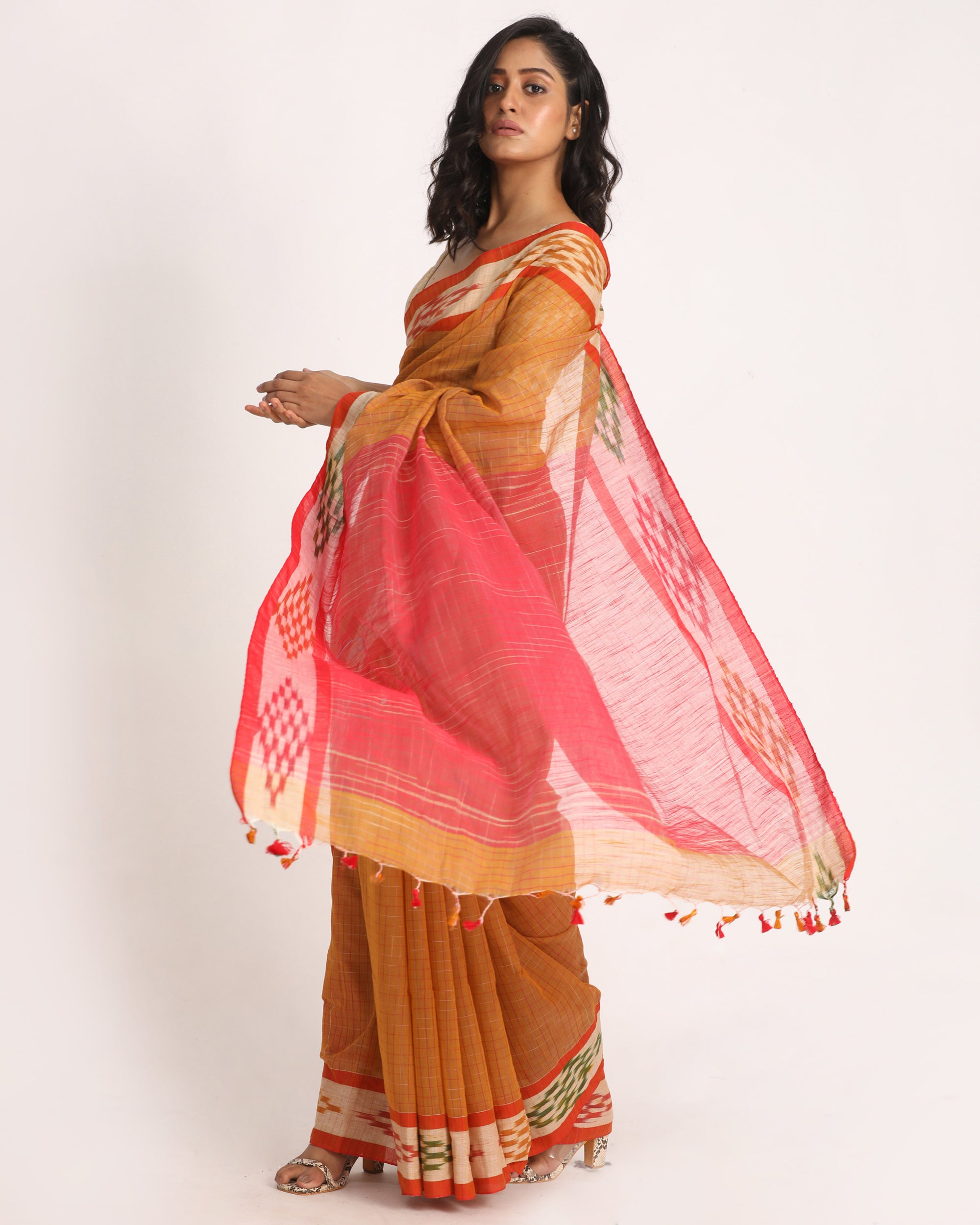 Women's Kotki Border Yellow Orange Cotton Blend Handloom Saree