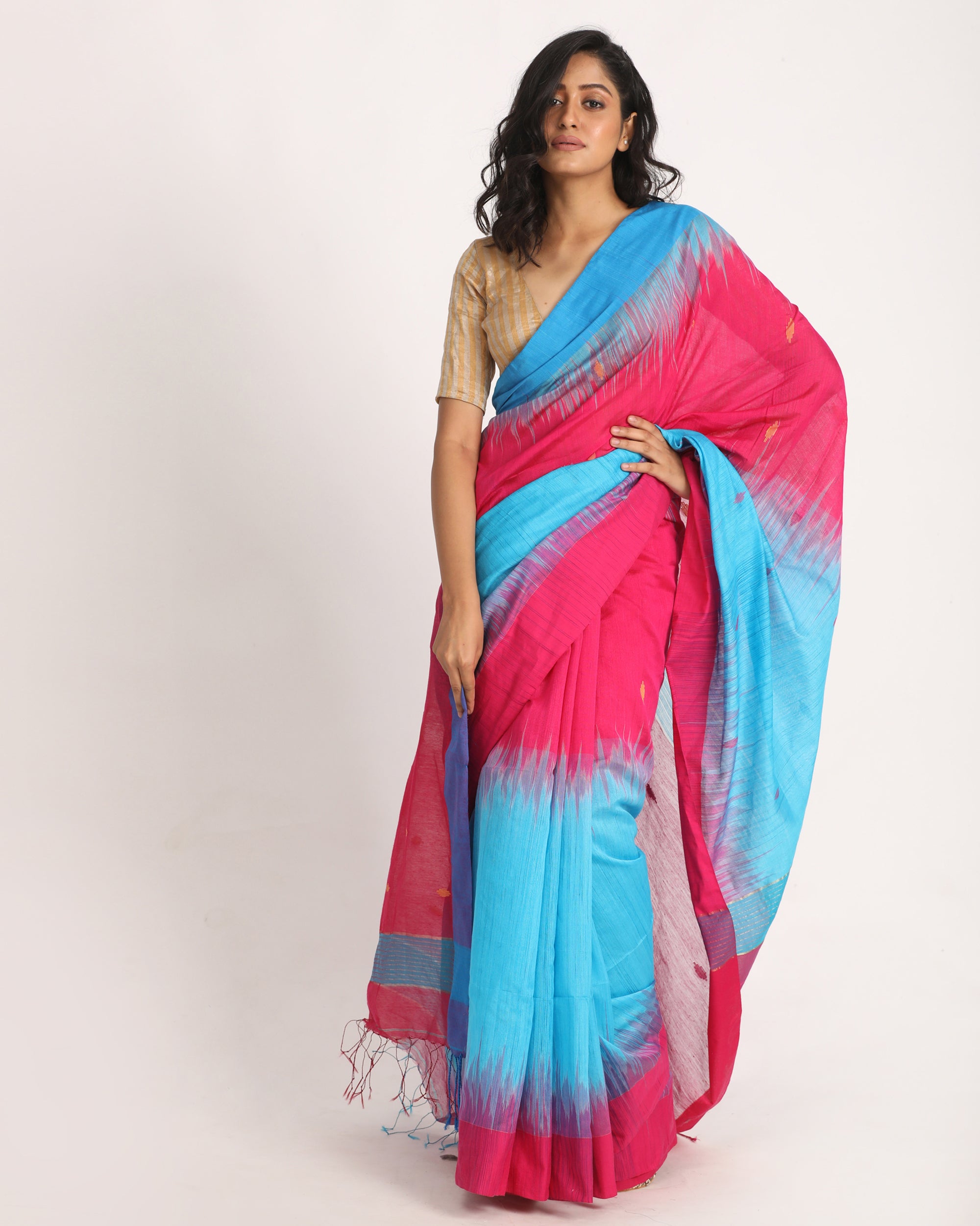 Women's Fuchsia Aqua Blue Cotton Blend Handloom Tie Dye Jamdani Saree