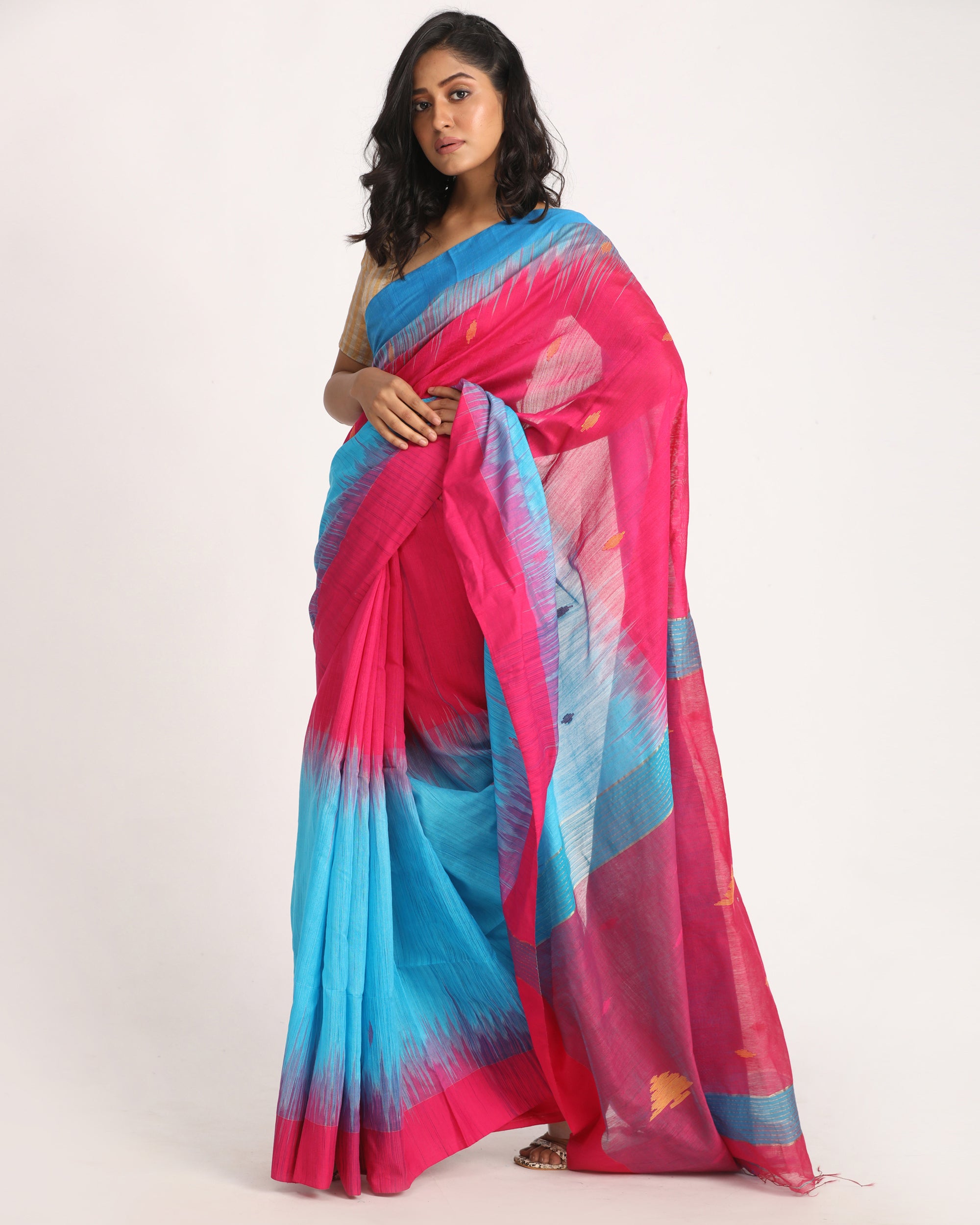 Women's Fuchsia Aqua Blue Cotton Blend Handloom Tie Dye Jamdani Saree
