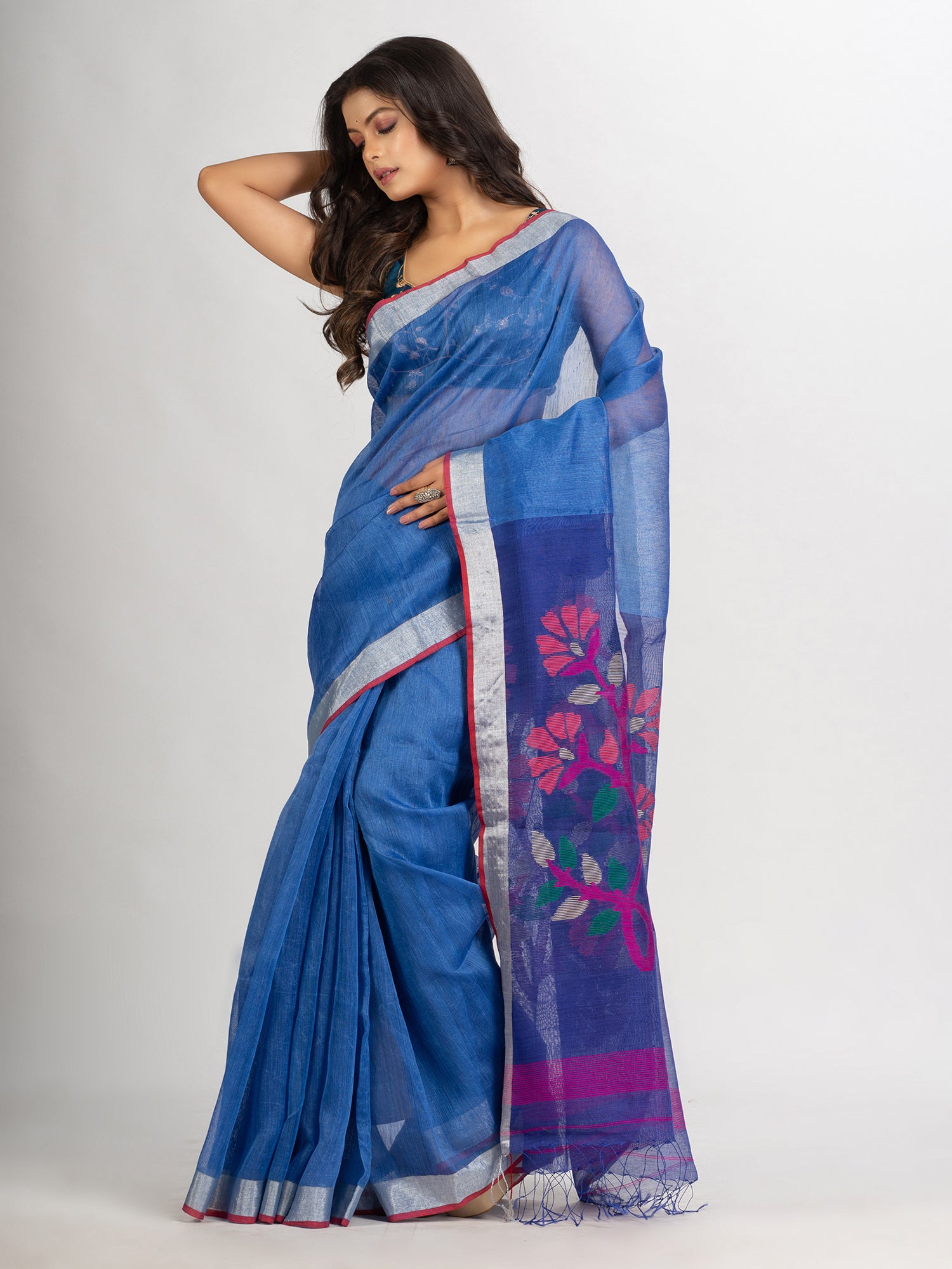 Women's Blue Handwoven Bamper Lilen Jamdani handloom saree