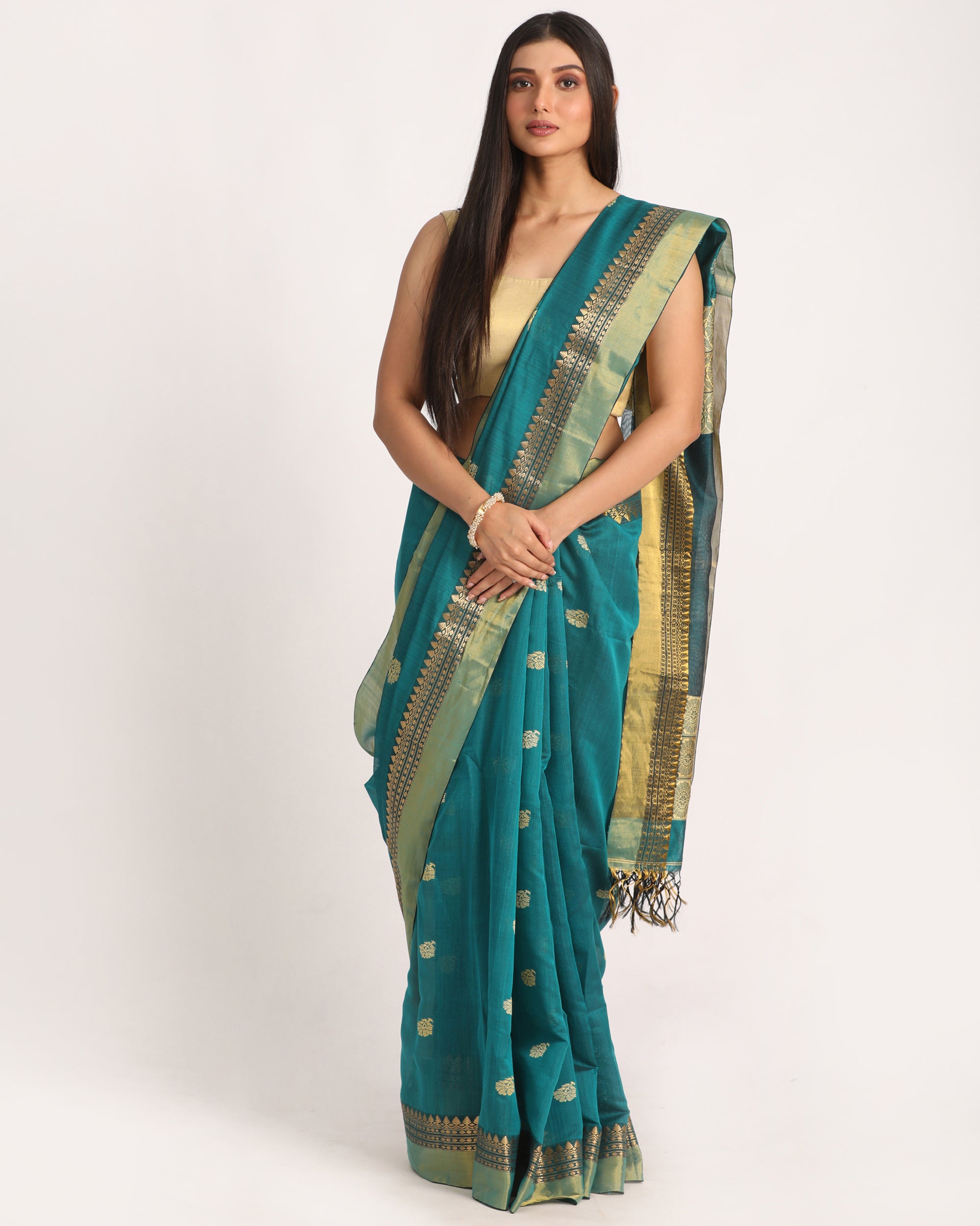 Women's Teal Traditional Handloom Cotton Silk Jamdani Saree