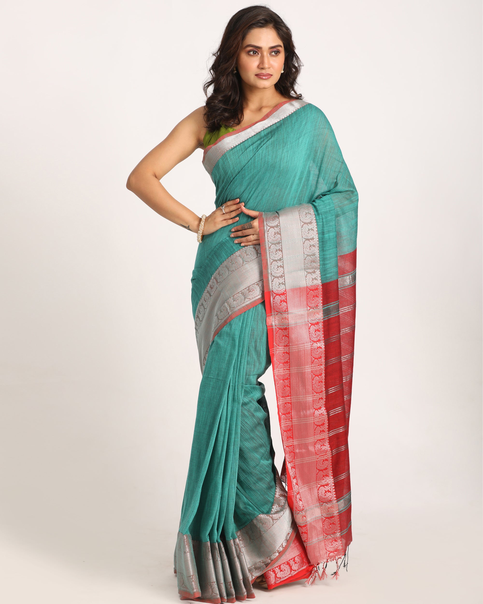 Women's Deep Teal Handloom Cotton Tangail Saree
