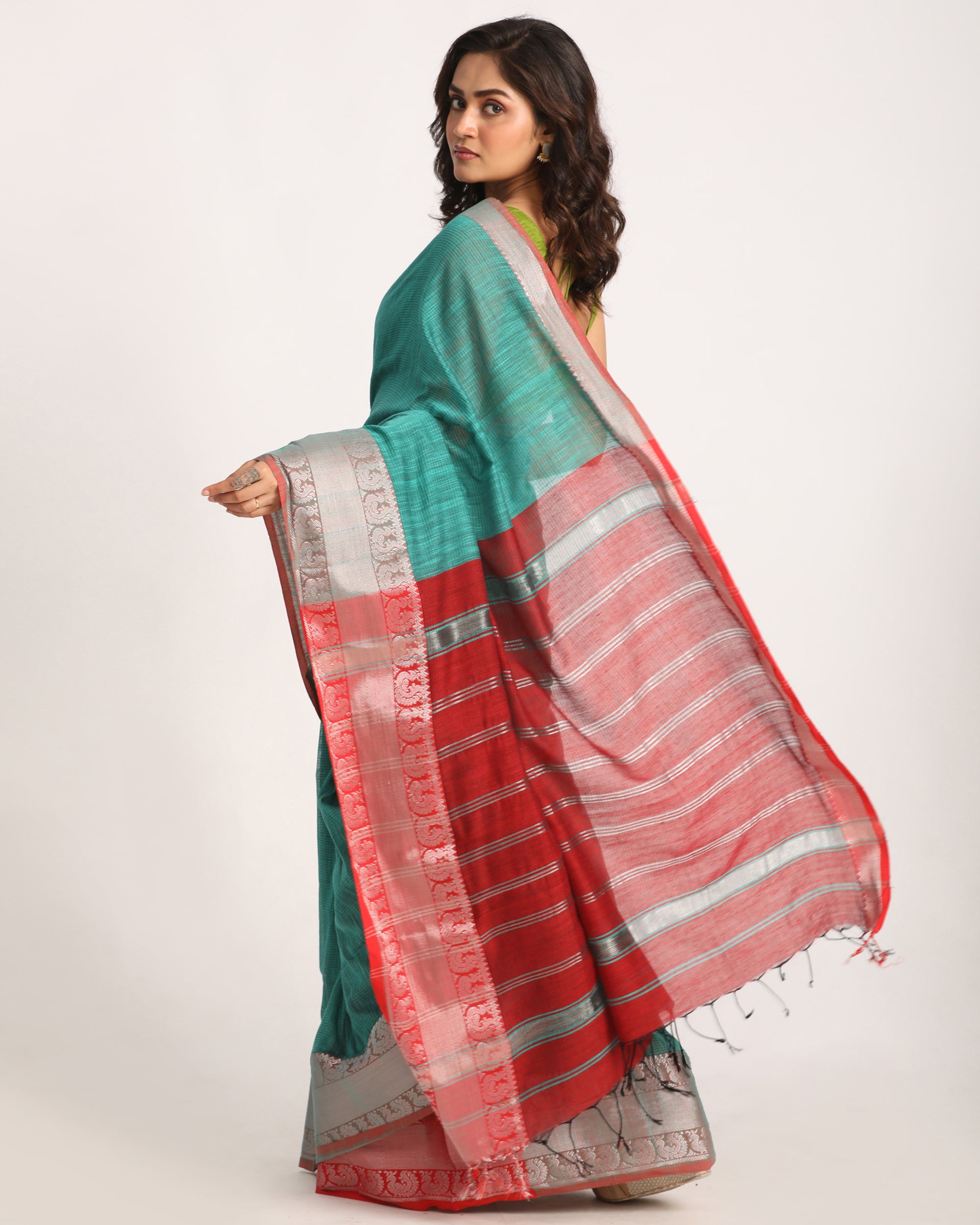 Women's Deep Teal Handloom Cotton Tangail Saree