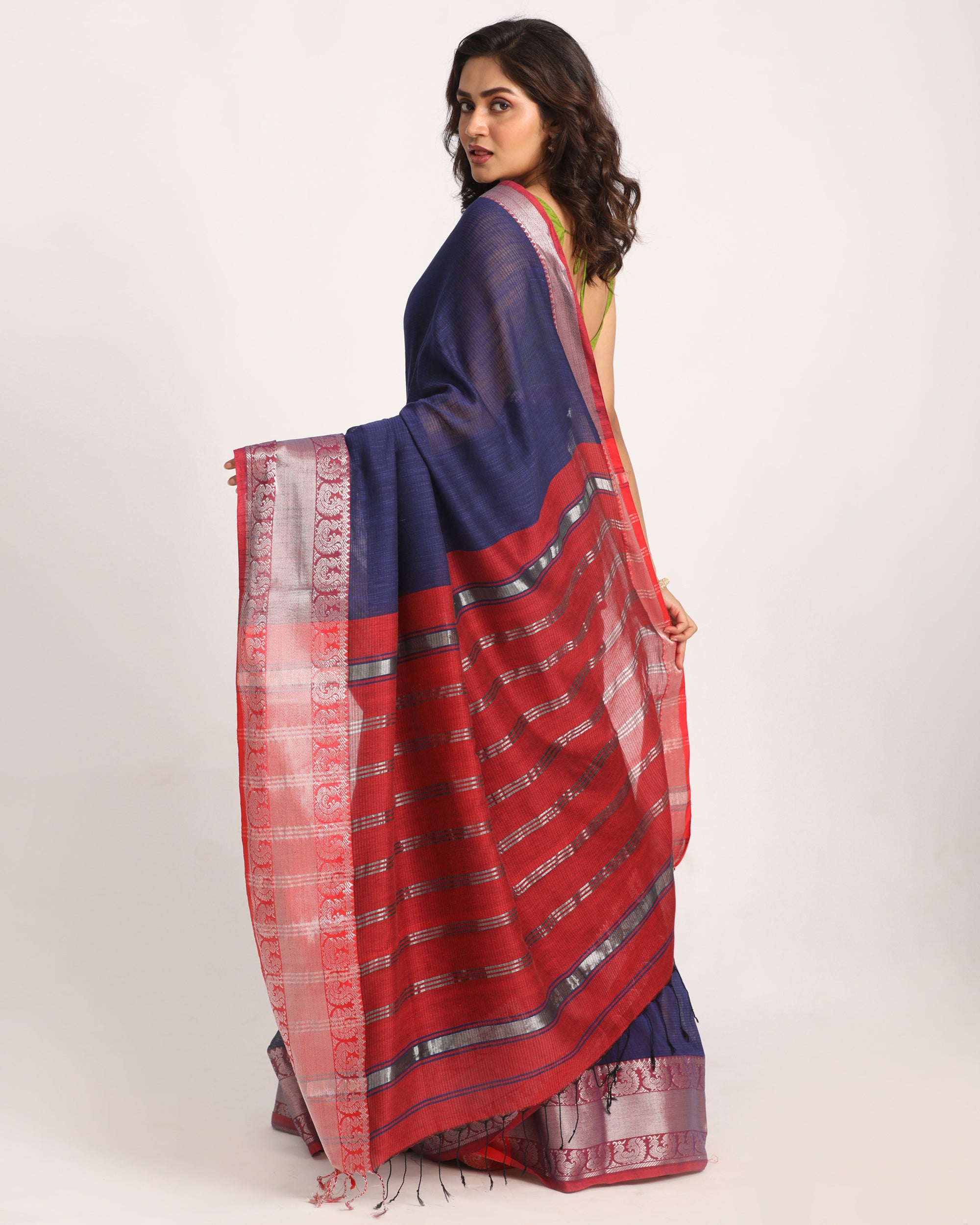 Women's Navy Blue Handloom Cotton Tangail Saree