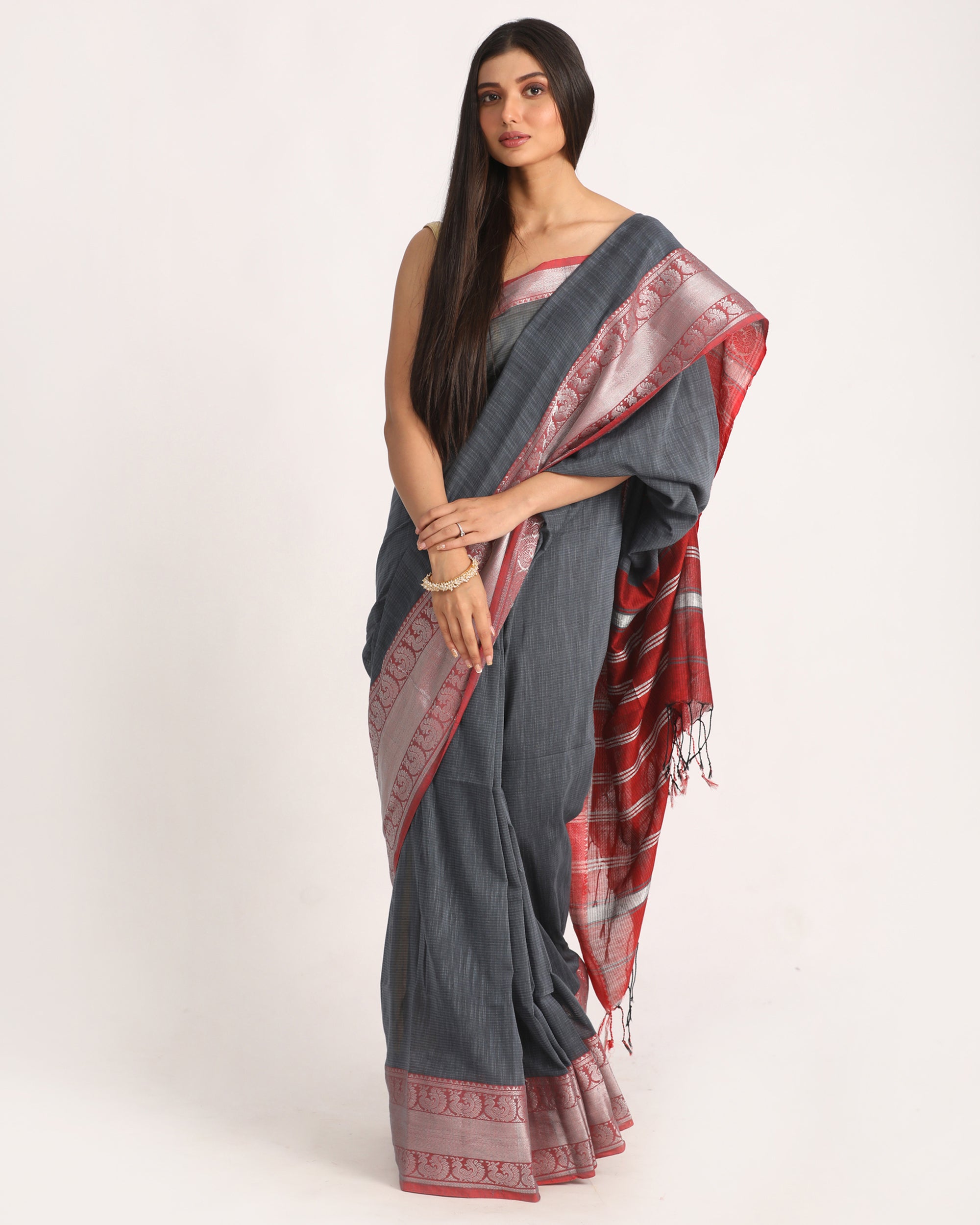 Women's Deep Grey Handloom Cotton Tangail Saree