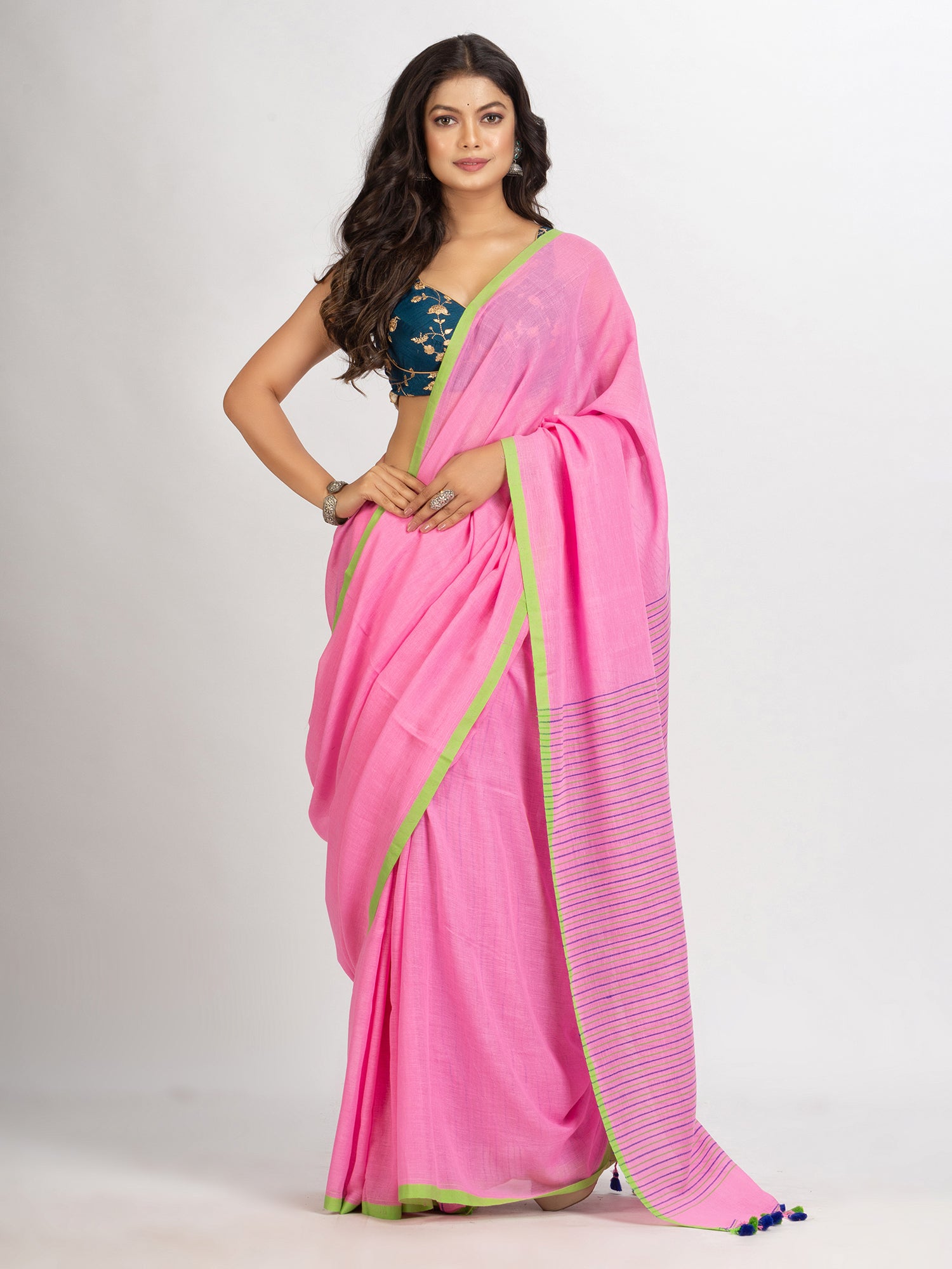 Women's Pink Handwoven Cotton Stipe handloom Saree