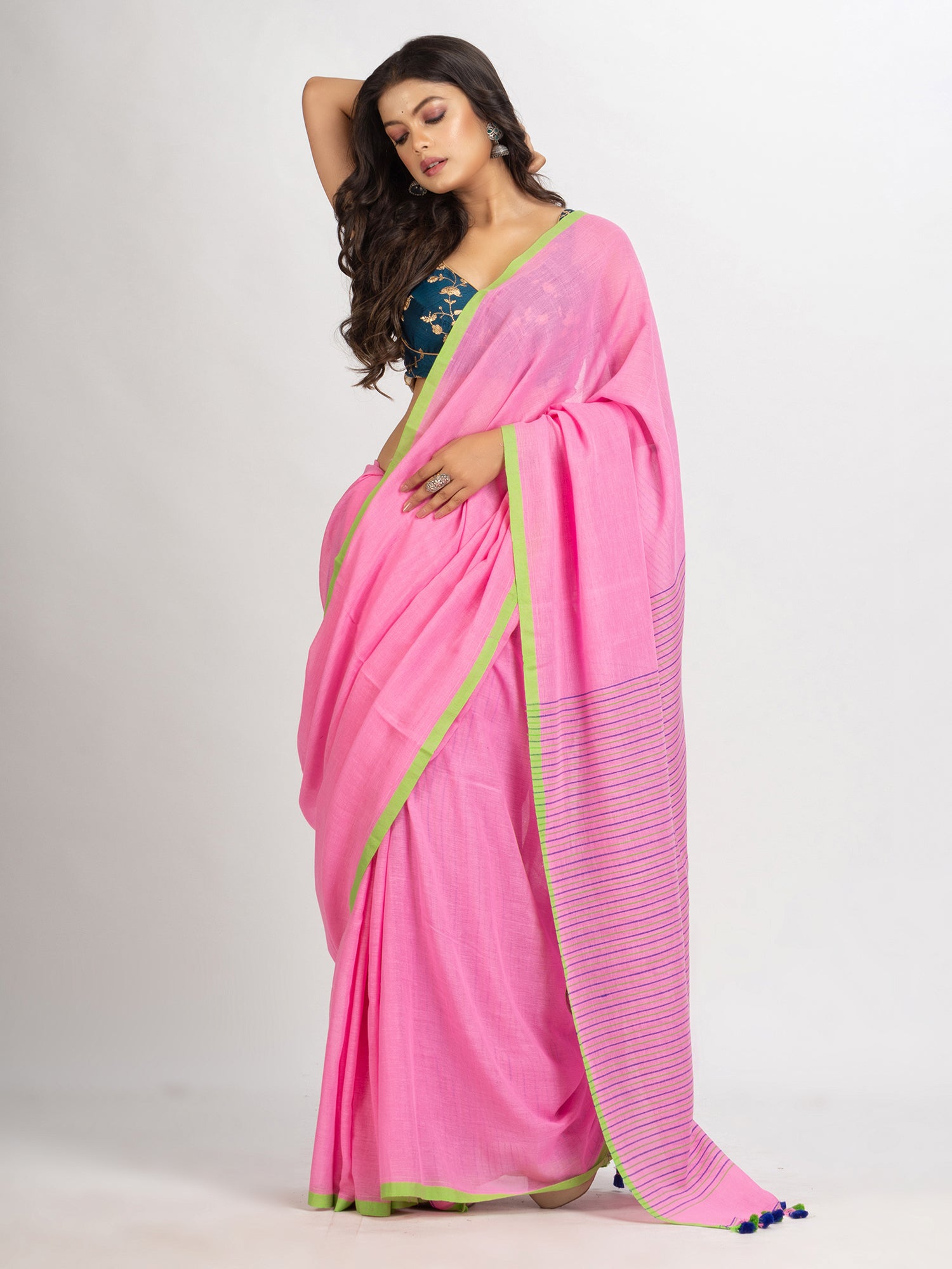Women's Pink Handwoven Cotton Stipe handloom Saree