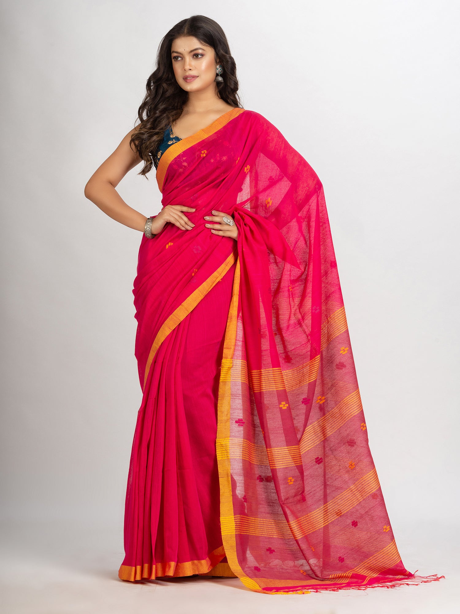 Women's Pink Handwoven Cotton Jamdani handloom Saree