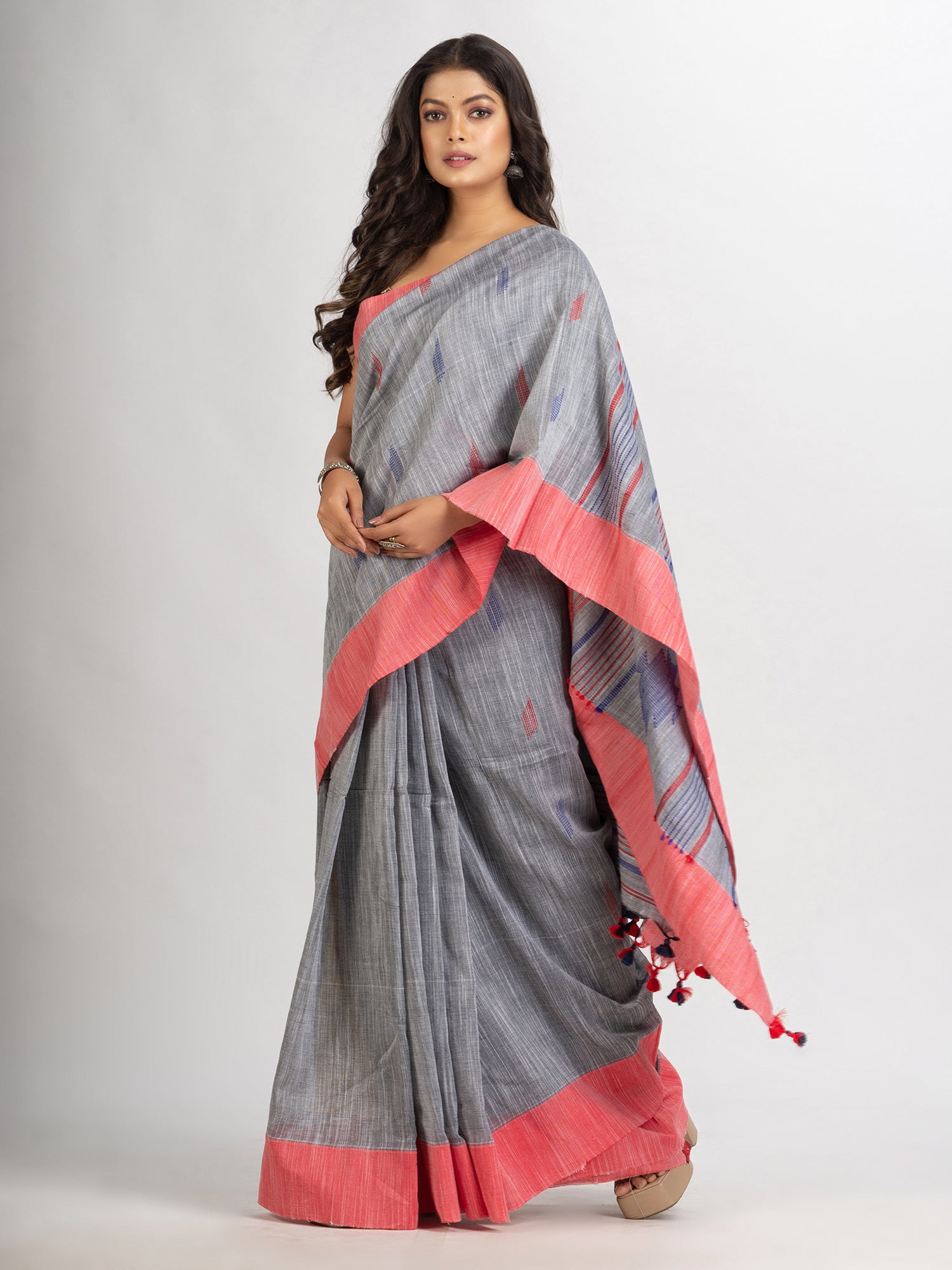 Women's Pink Handwoven Cotton Jamdani handloom Saree
