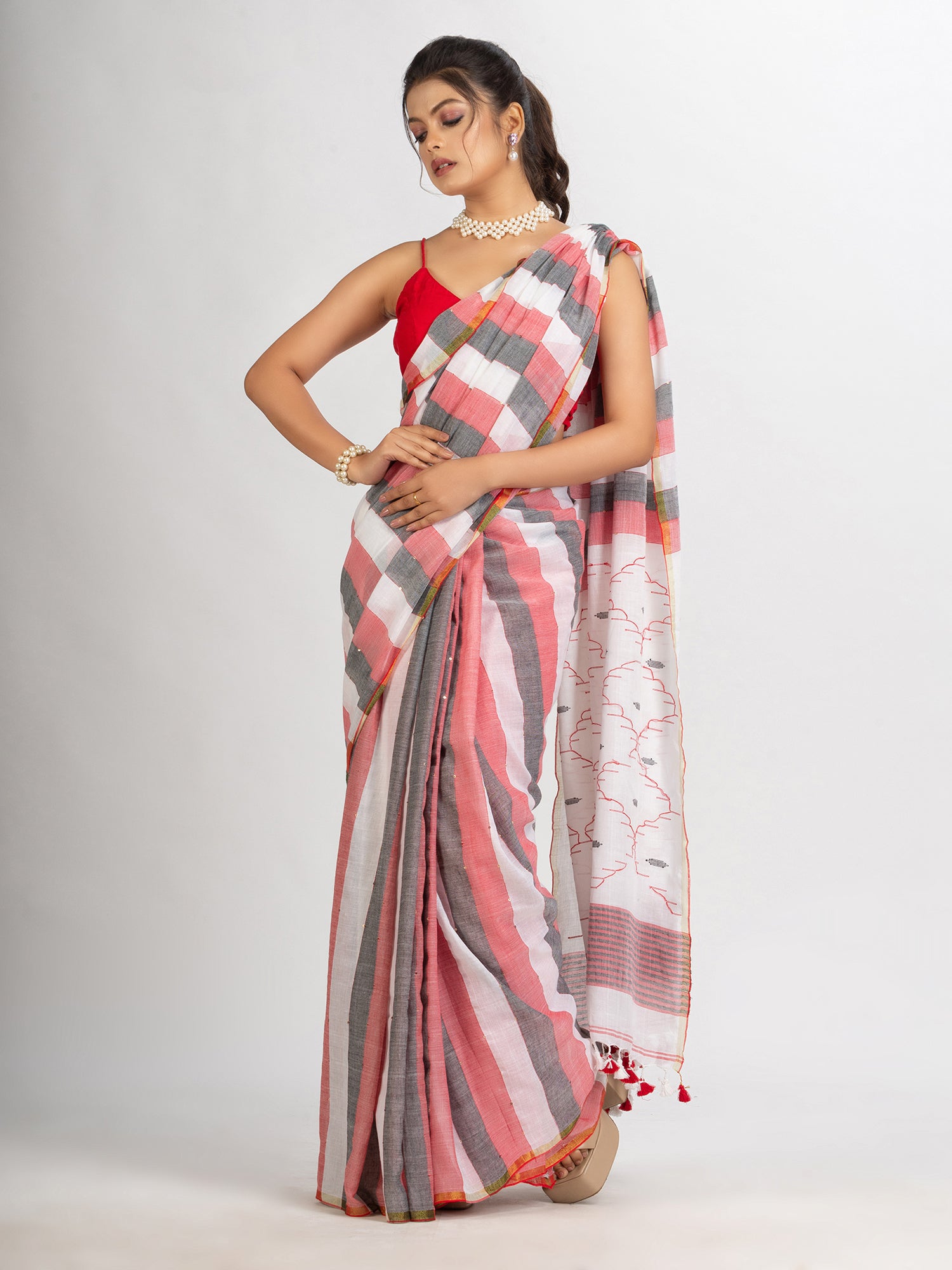 Women's White Black and Red Stipe Handwoven Cotton Jamdani handloom Saree