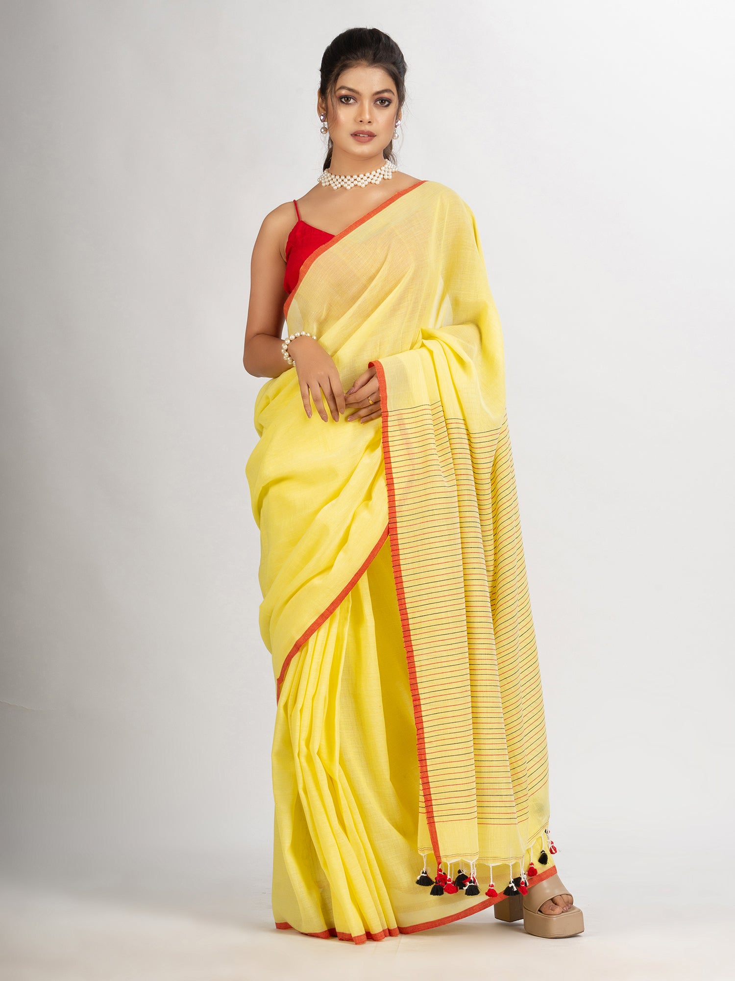 Women's Yollow Handwoven Cotton Stipe handloom Saree