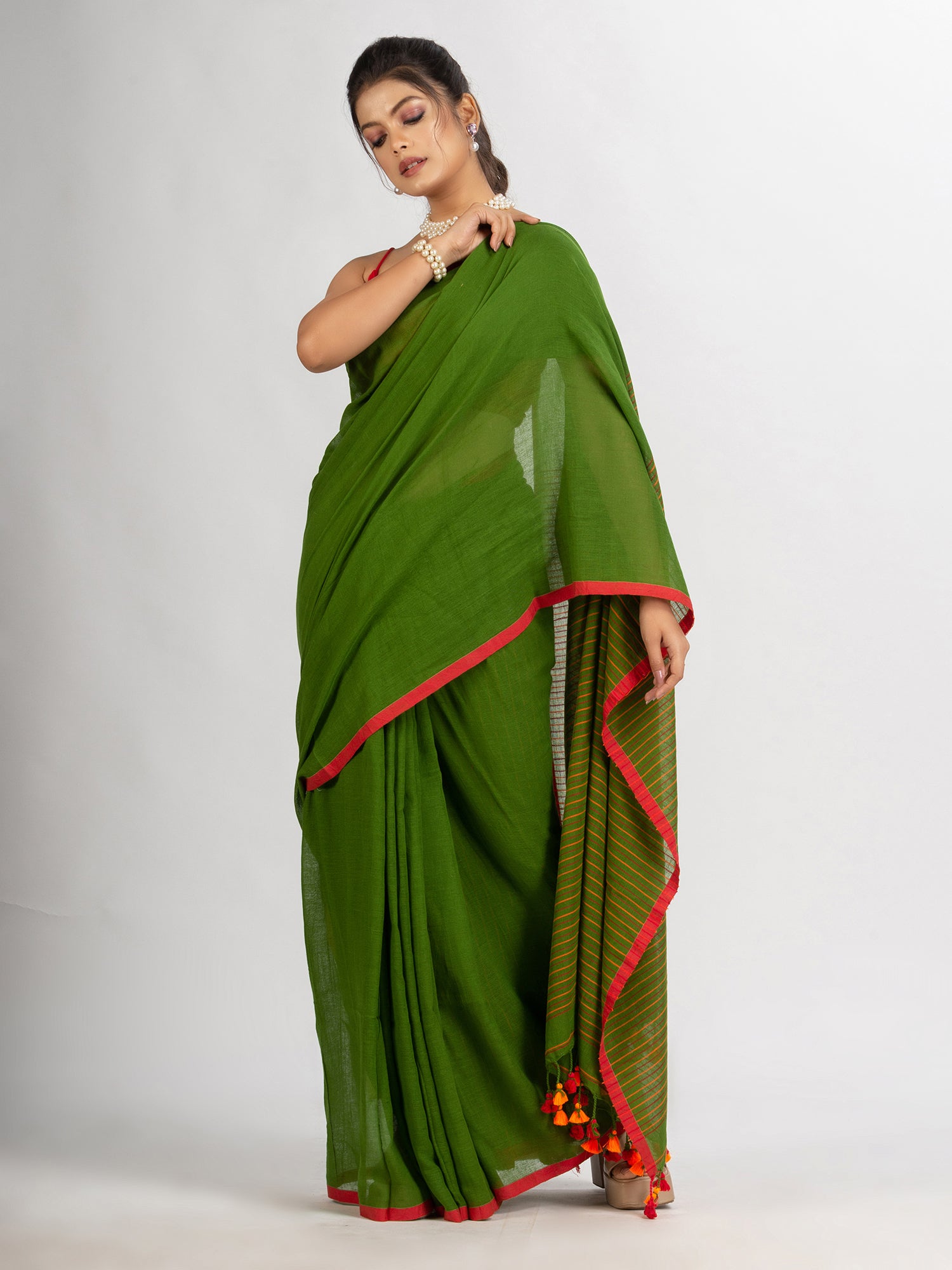 Women's Pista Green Handwoven Cotton Stipe handloom Saree