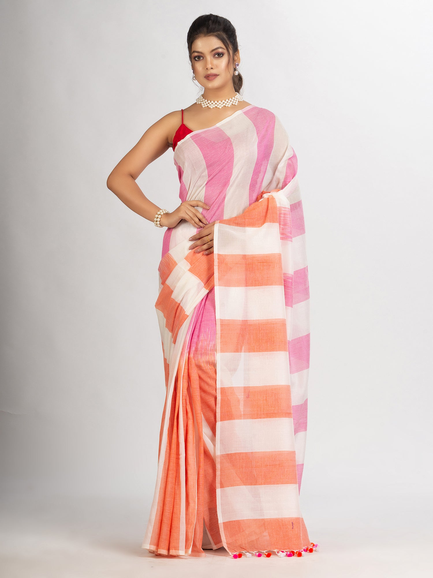 Women's White pink And Orange Stipe Cotton handloom Saree