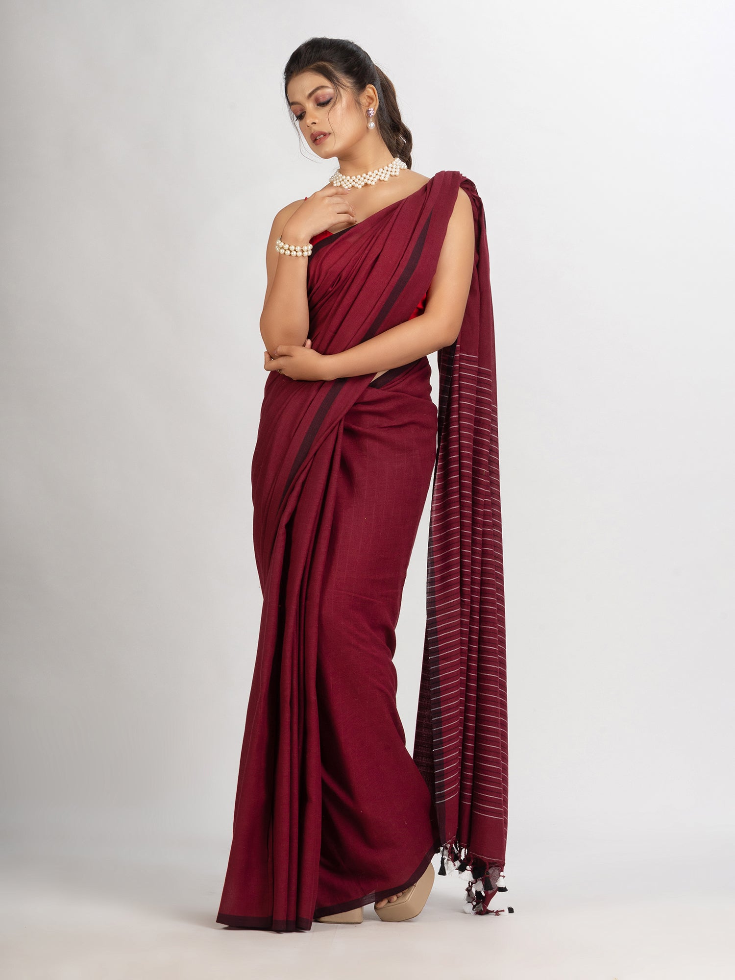 Women's Maroon Handwoven Cotton Stipe handloom Saree