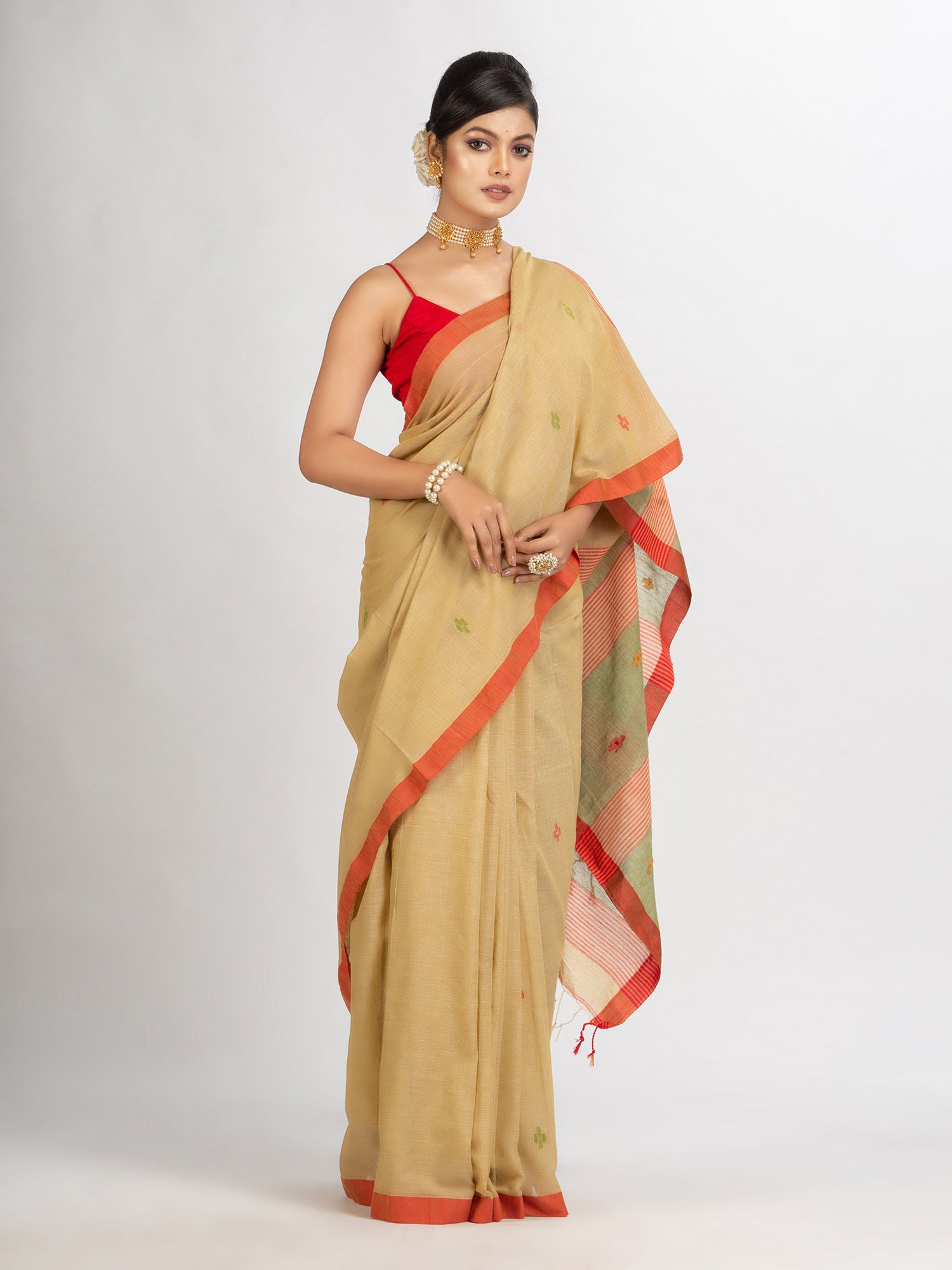 Women's Natural Tussar Colour Handwoven Cotton Jamdani handloom Saree