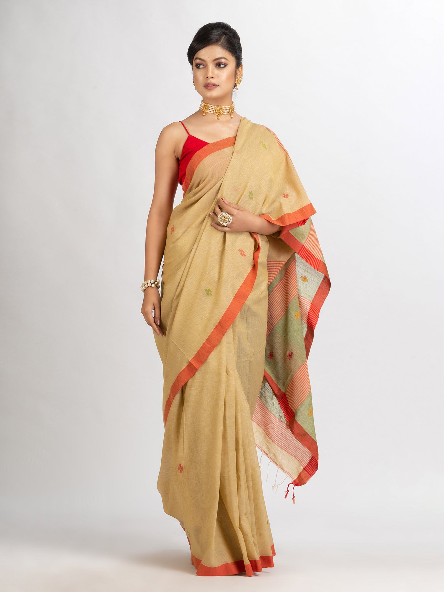 Women's Natural Tussar Colour Handwoven Cotton Jamdani handloom Saree