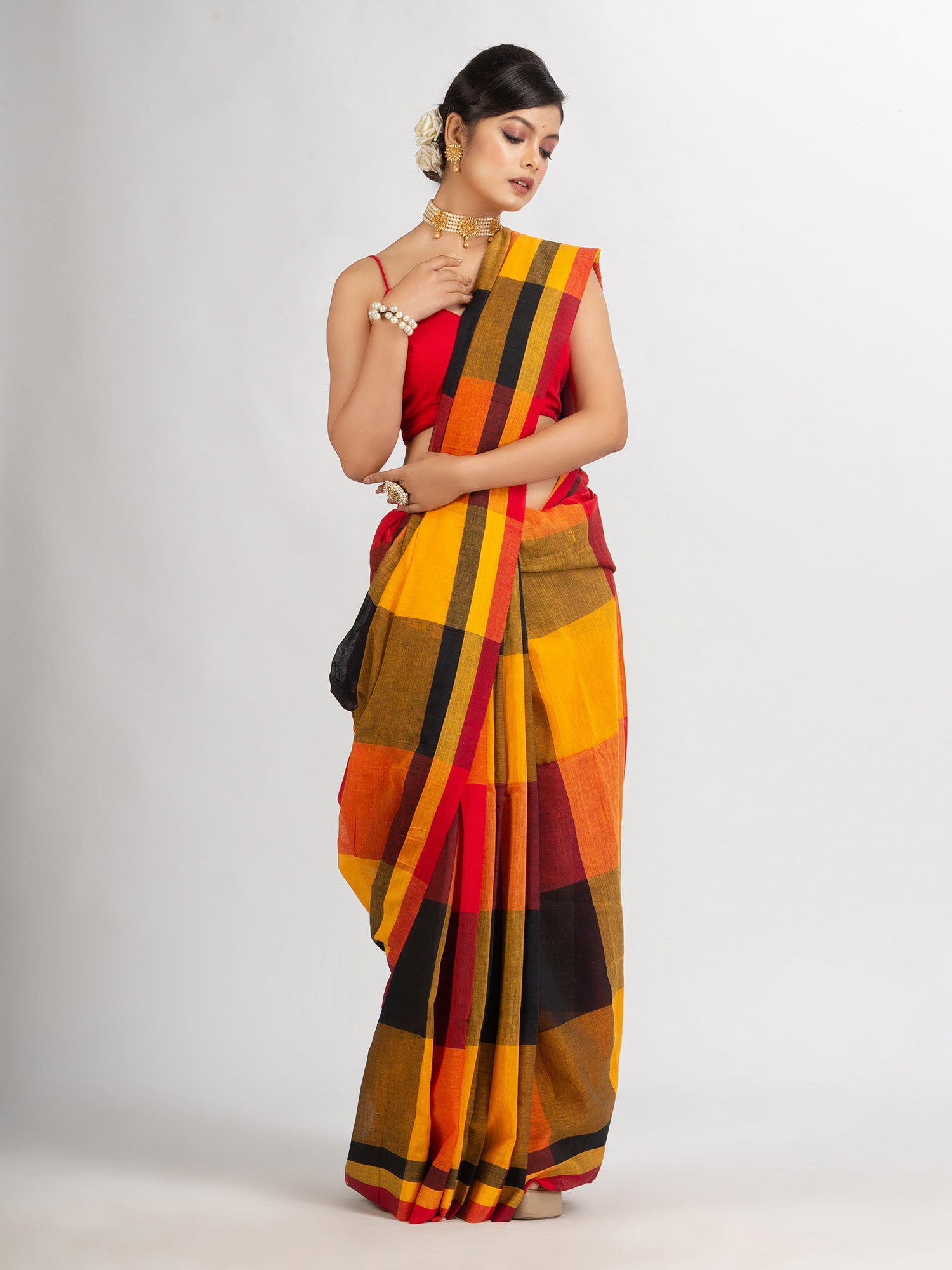 Women's Black Red And Yollow Multi Colour Check handloom Saree