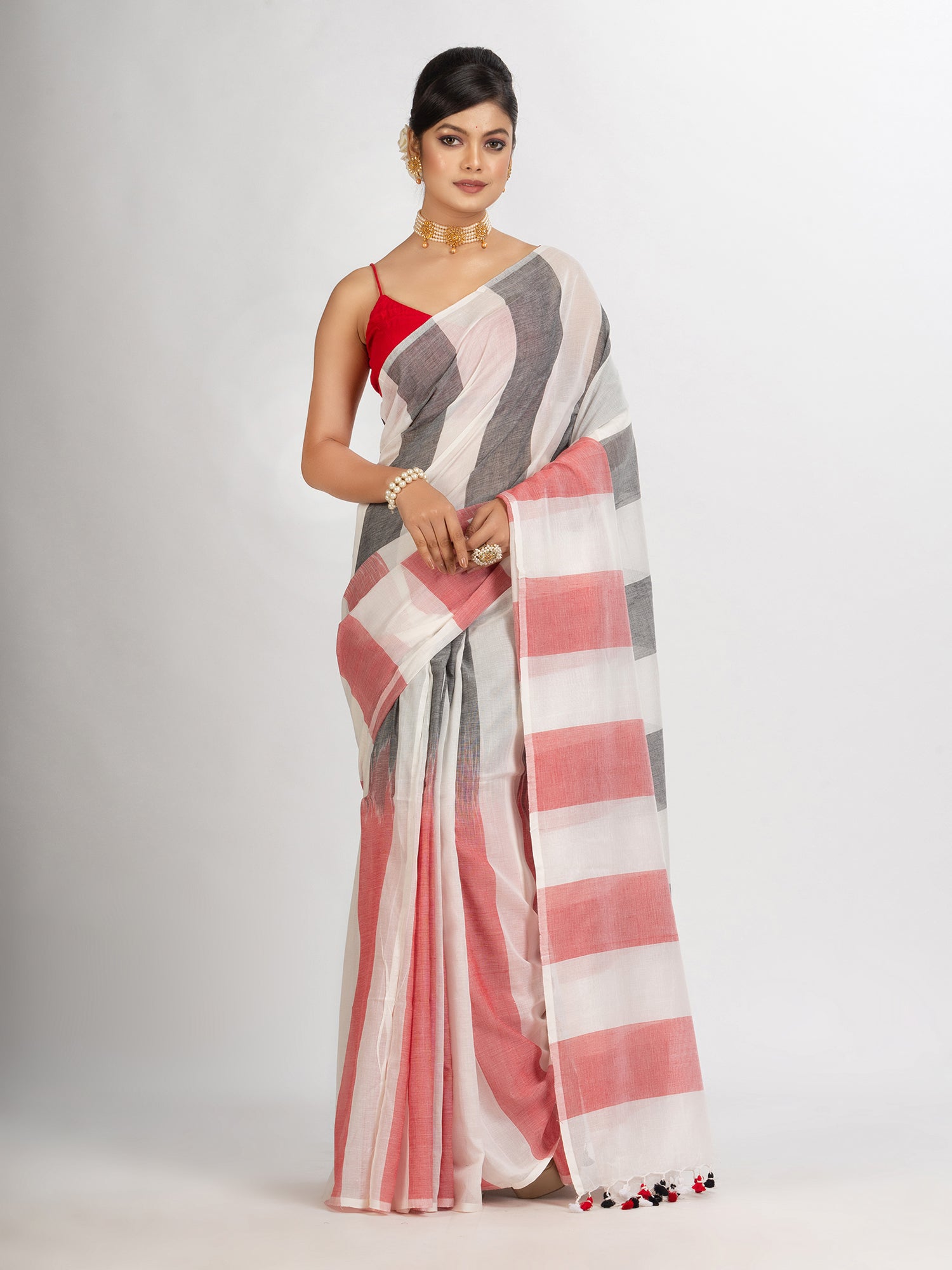 Women's White Black And Red Stipe Cotton handloom Saree