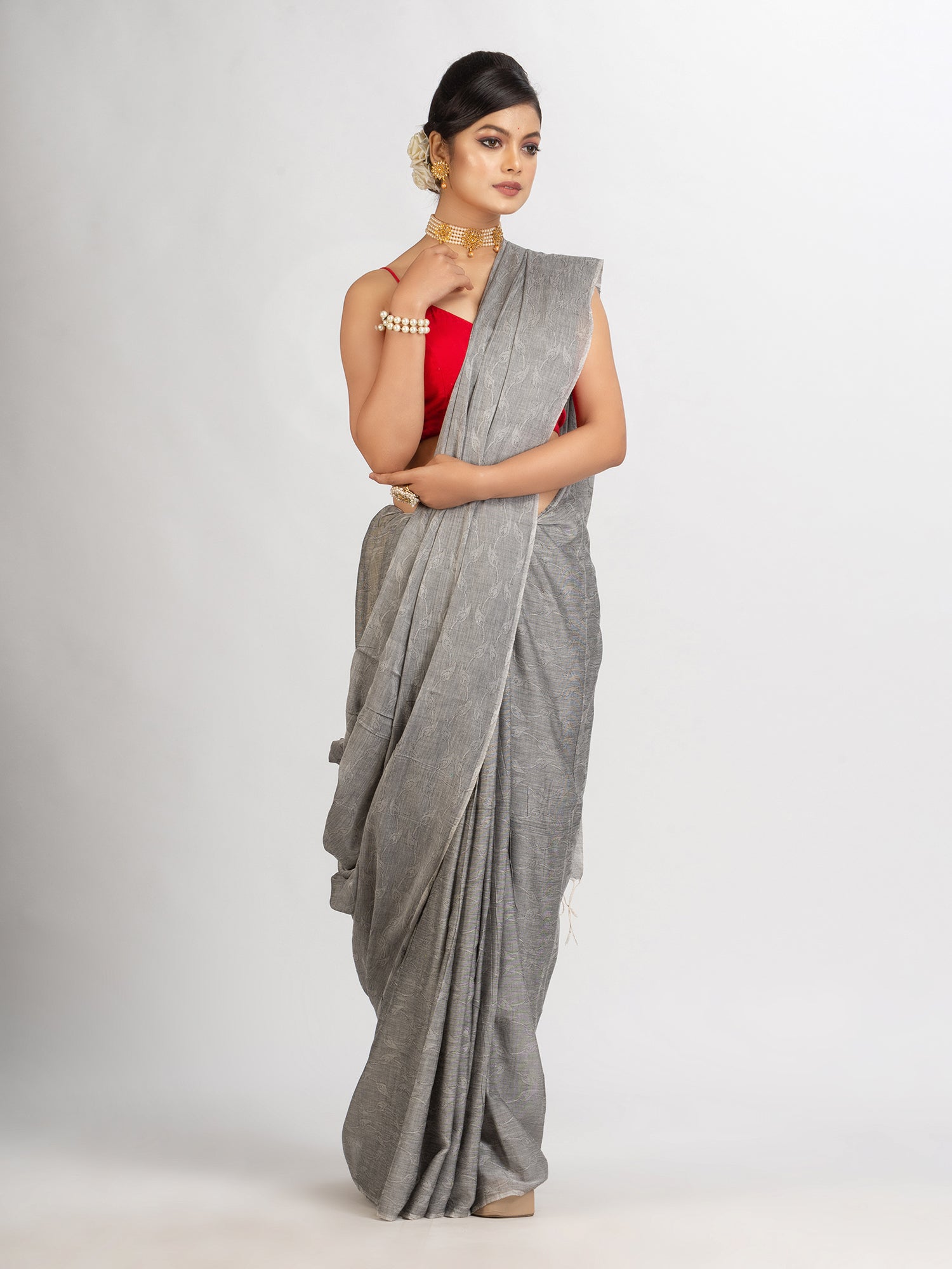 Women's Gray Cotton Jacquard handloom Saree