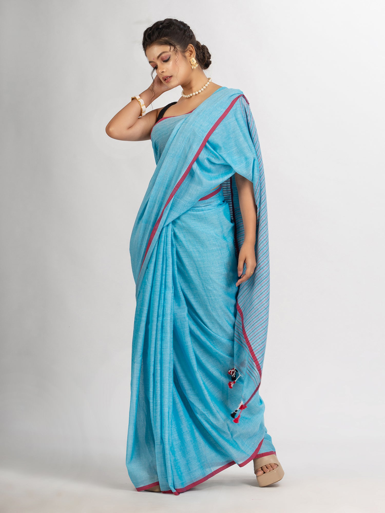 Women's Sky Blue Handwoven Cotton Stipe handloom Saree