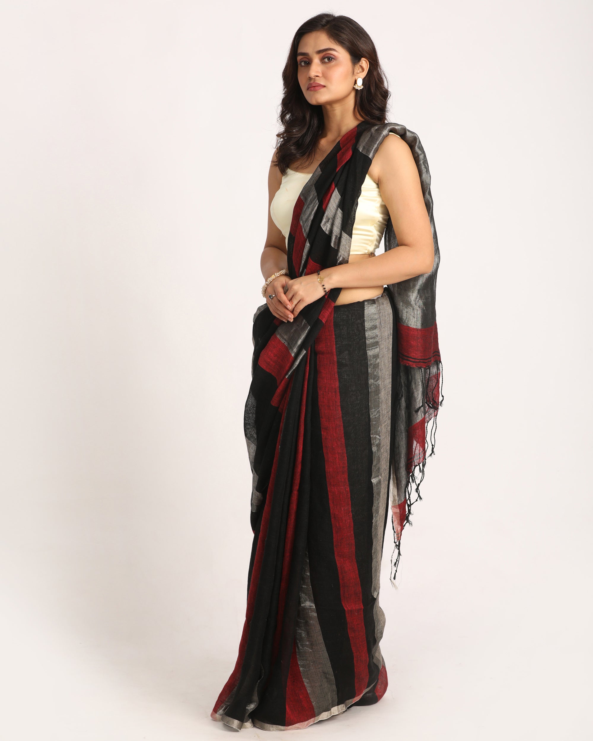 Women's Multicolour Traditional Handloom Check Linen Saree