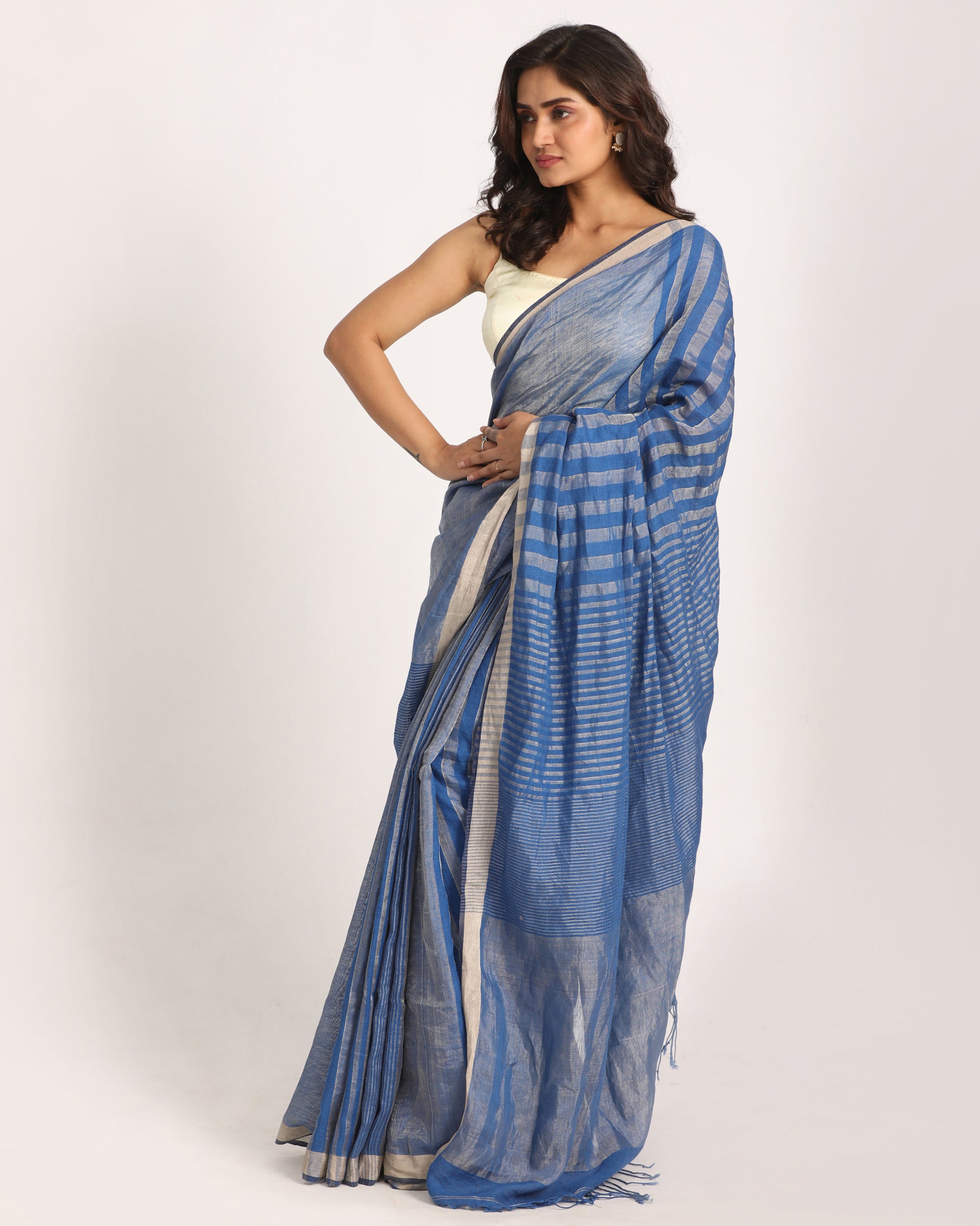 Women's Royel Blue Check Traditional Handloom Linen Saree
