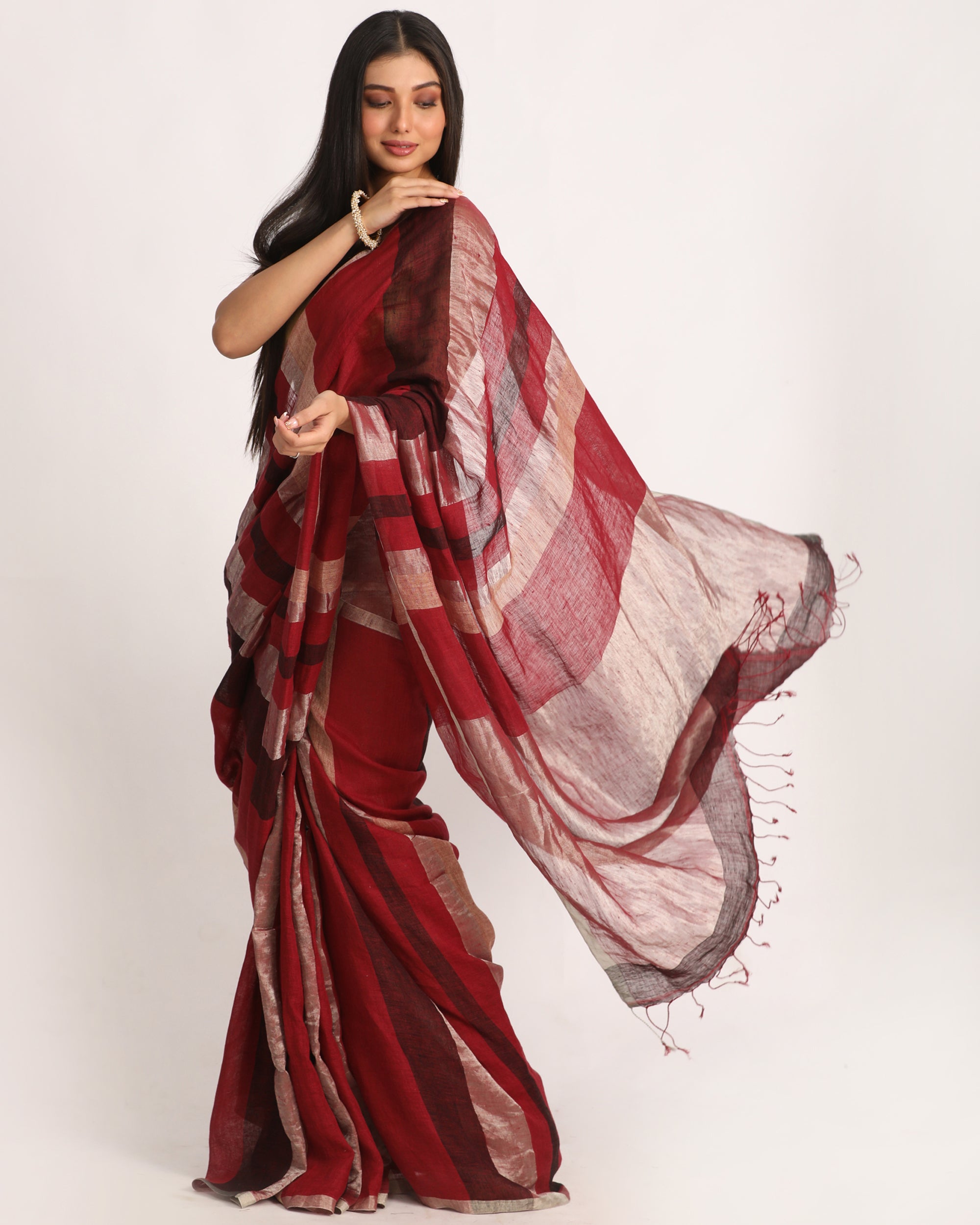 Women's Maroon Black Silver Traditional Handloom Check Linen Saree