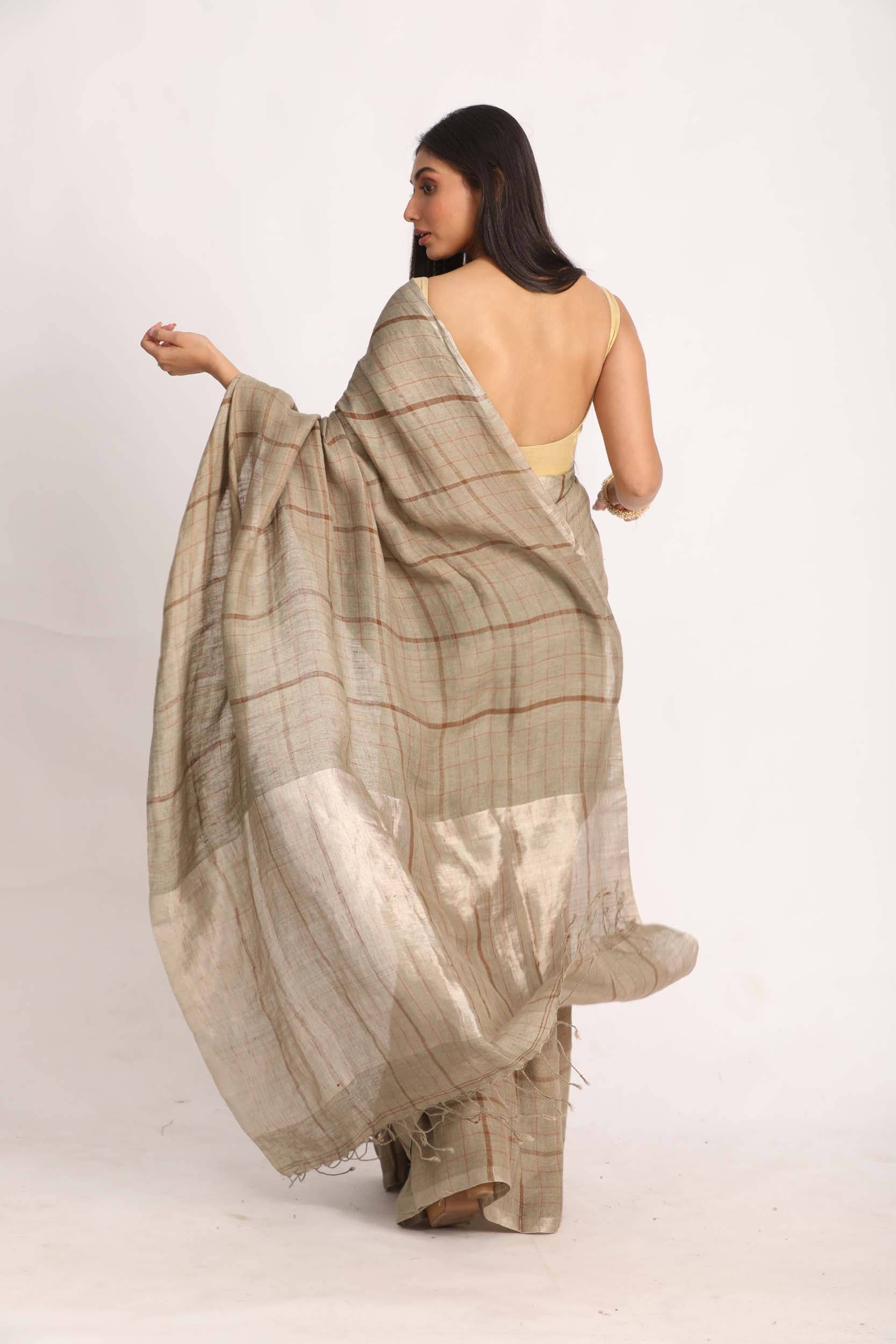 Women's Beige Silver Traditional Handloom Check Linen Saree