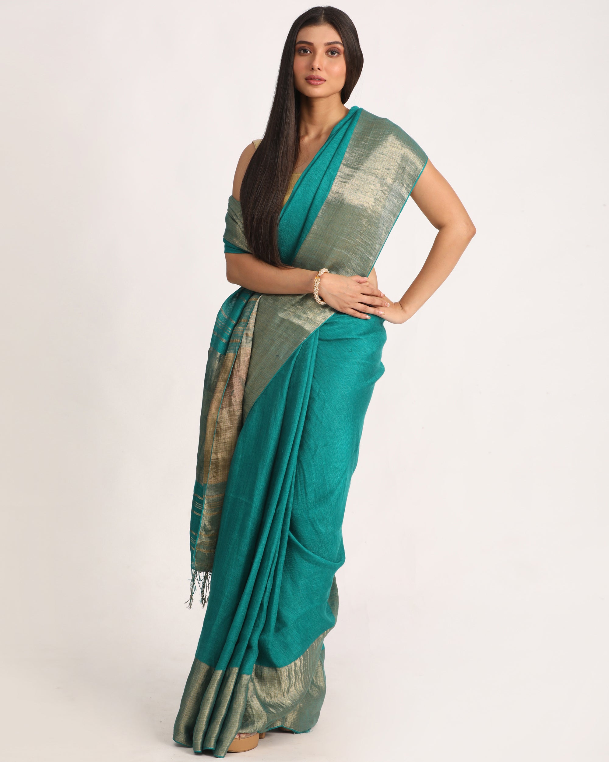 Women's Turquoise Traditional Handloom Linen Saree