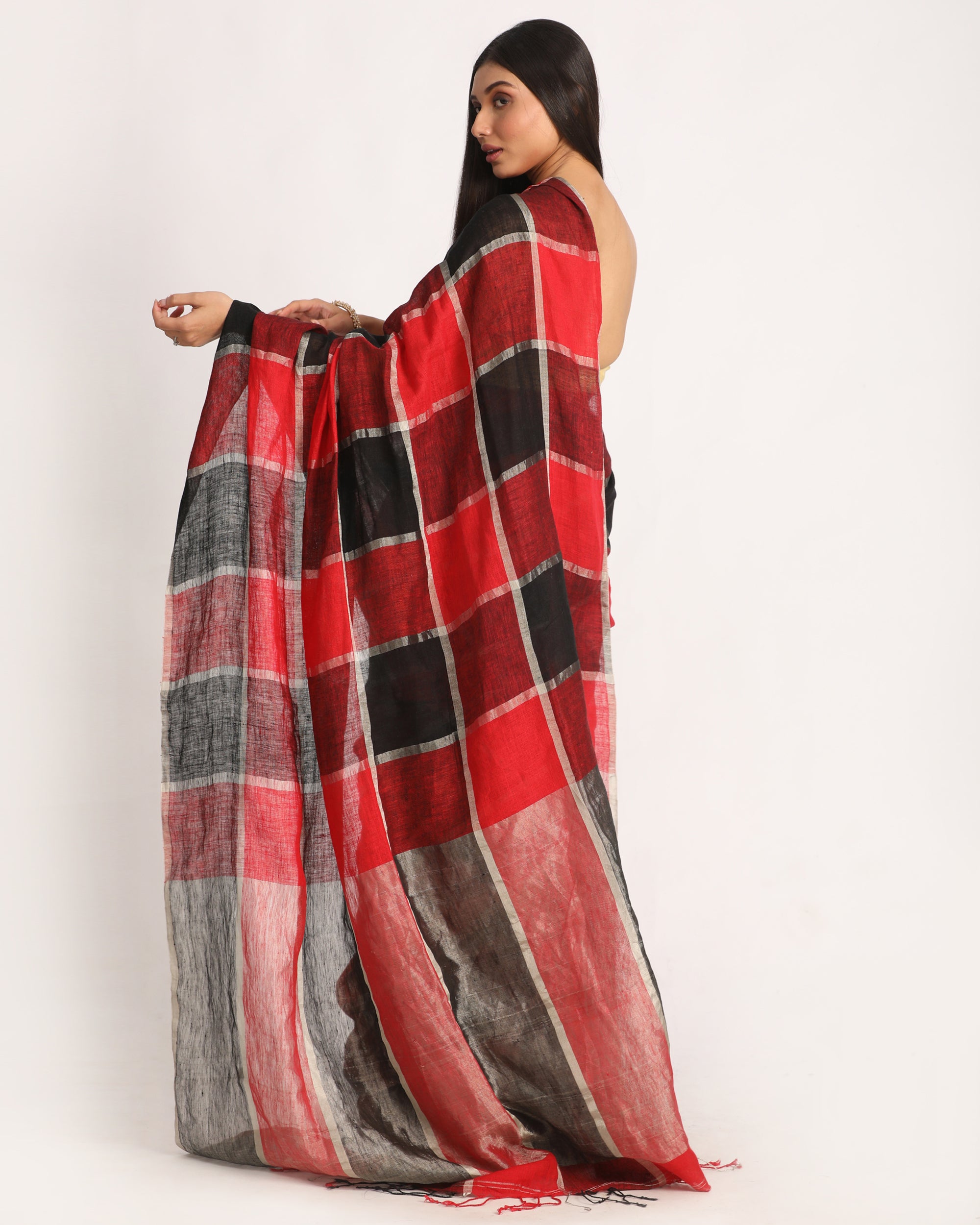 Women's Red Black Traditional Check Linen Handloom Saree