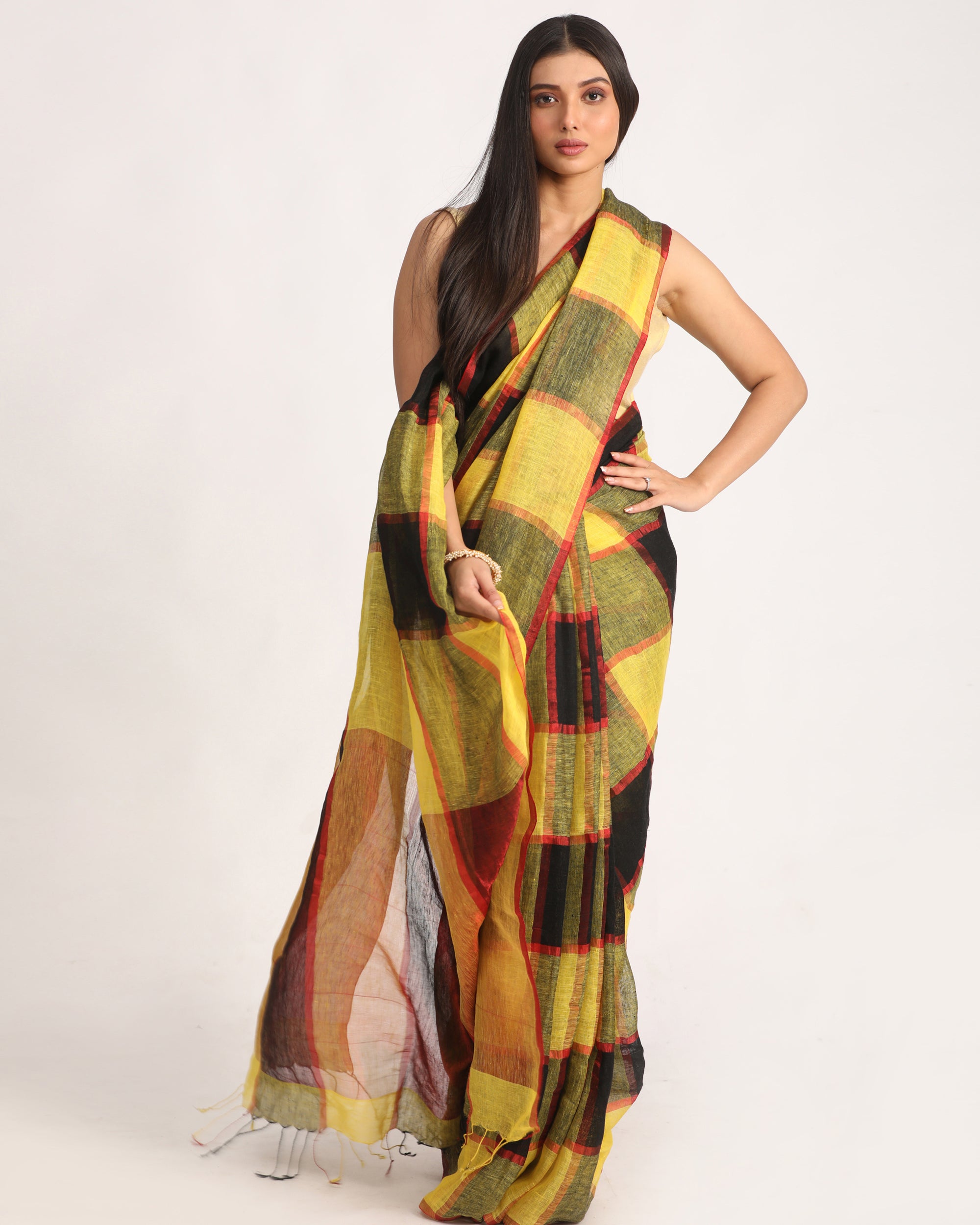 Women's Yellow Black Traditional Check Linen Handloom Saree