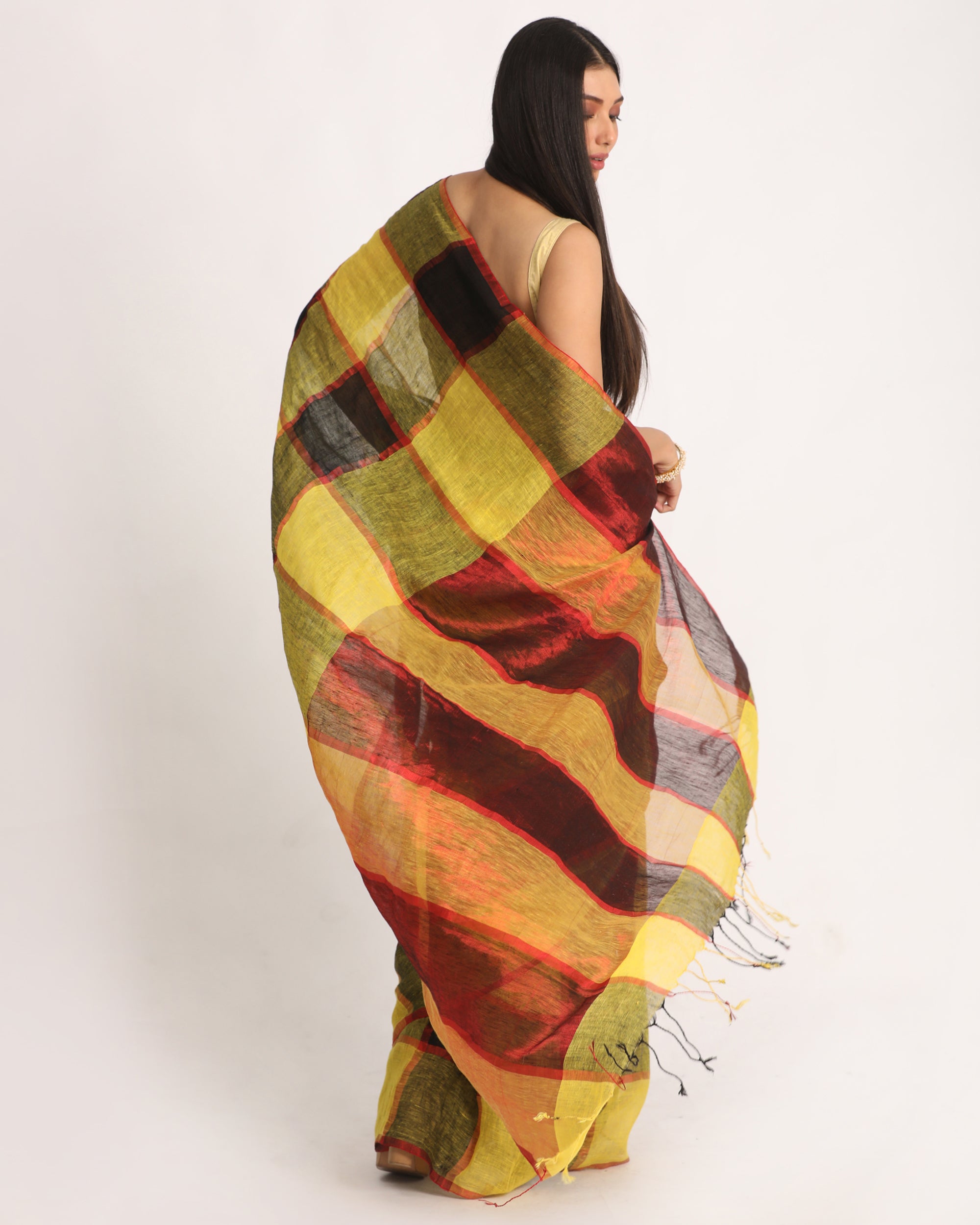 Women's Yellow Black Traditional Check Linen Handloom Saree
