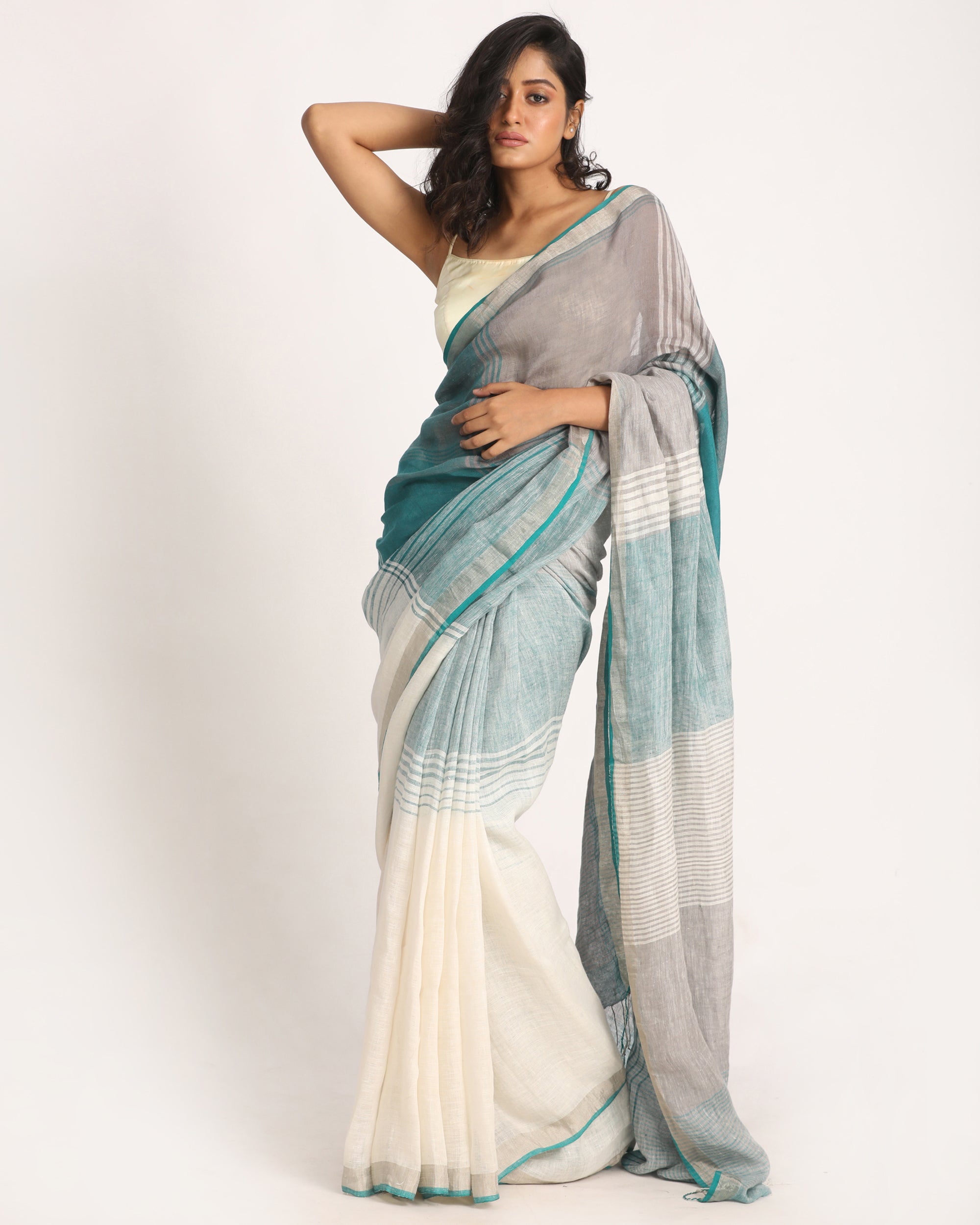 Women's Multicolour Traditional Handloom Check Linen Saree