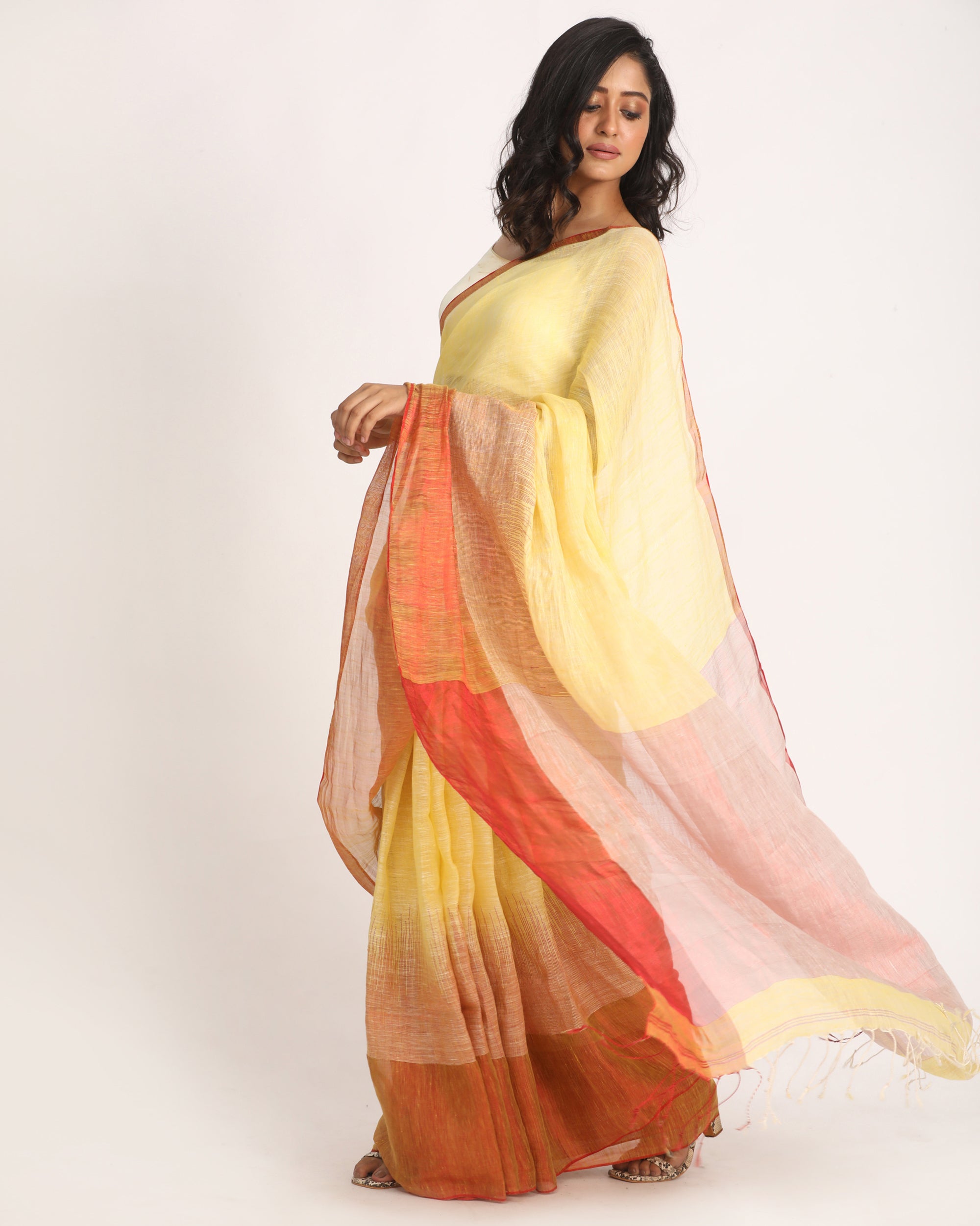 Women's Design Zari Border Lemon Handloom Traditional Linen Saree
